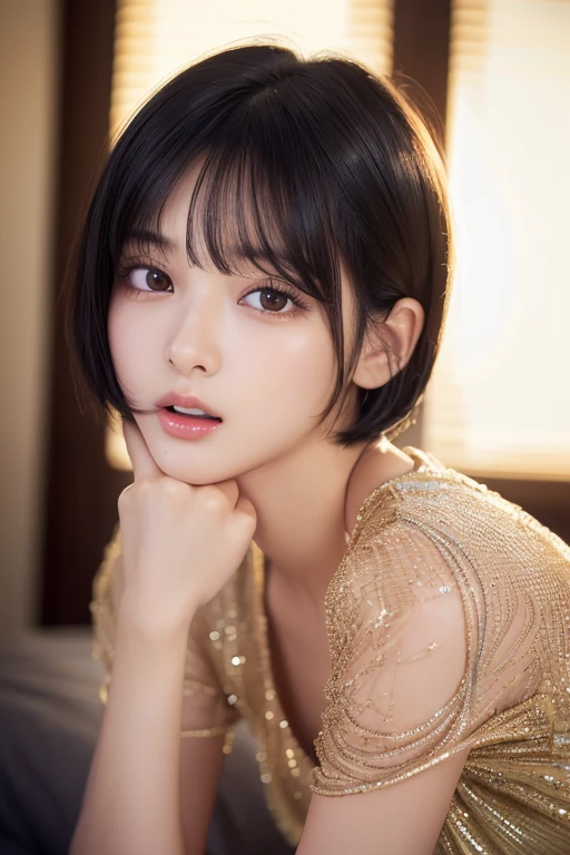 (High resolution:1.3), (16k, Photorealistic, Raw photo, Best image quality: 1.4), Japanese, (One Girl), (Black-haired、short hair:1.3), Beautiful Hairstyles, (Realistic Skin), Beautiful skins, attractive, 超A high resolution, Surreal, High detail, Golden Ratio, Highly detailed cute girl,(20-year-old), Lying in bed, (Dazzling face:1.9), (Open your mouth 1.5)