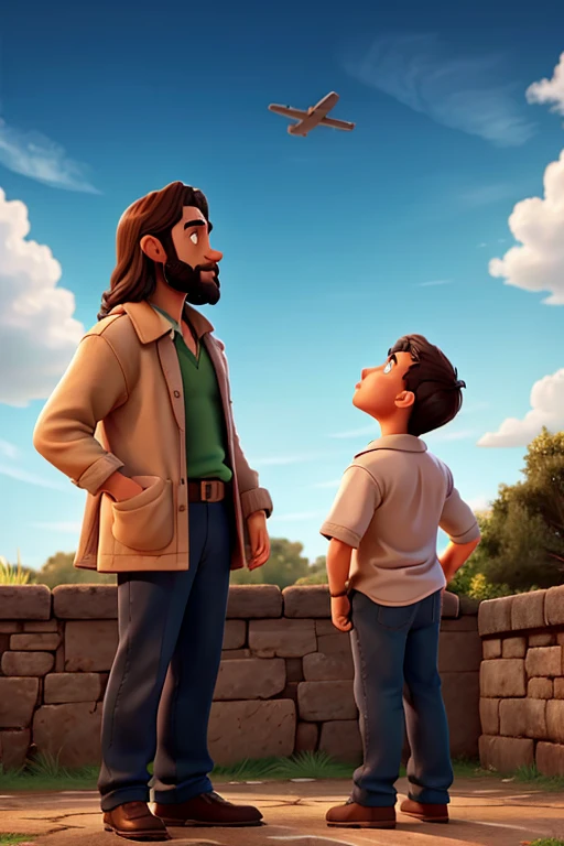 The father and son lookin on sky to see the Jesus on sky