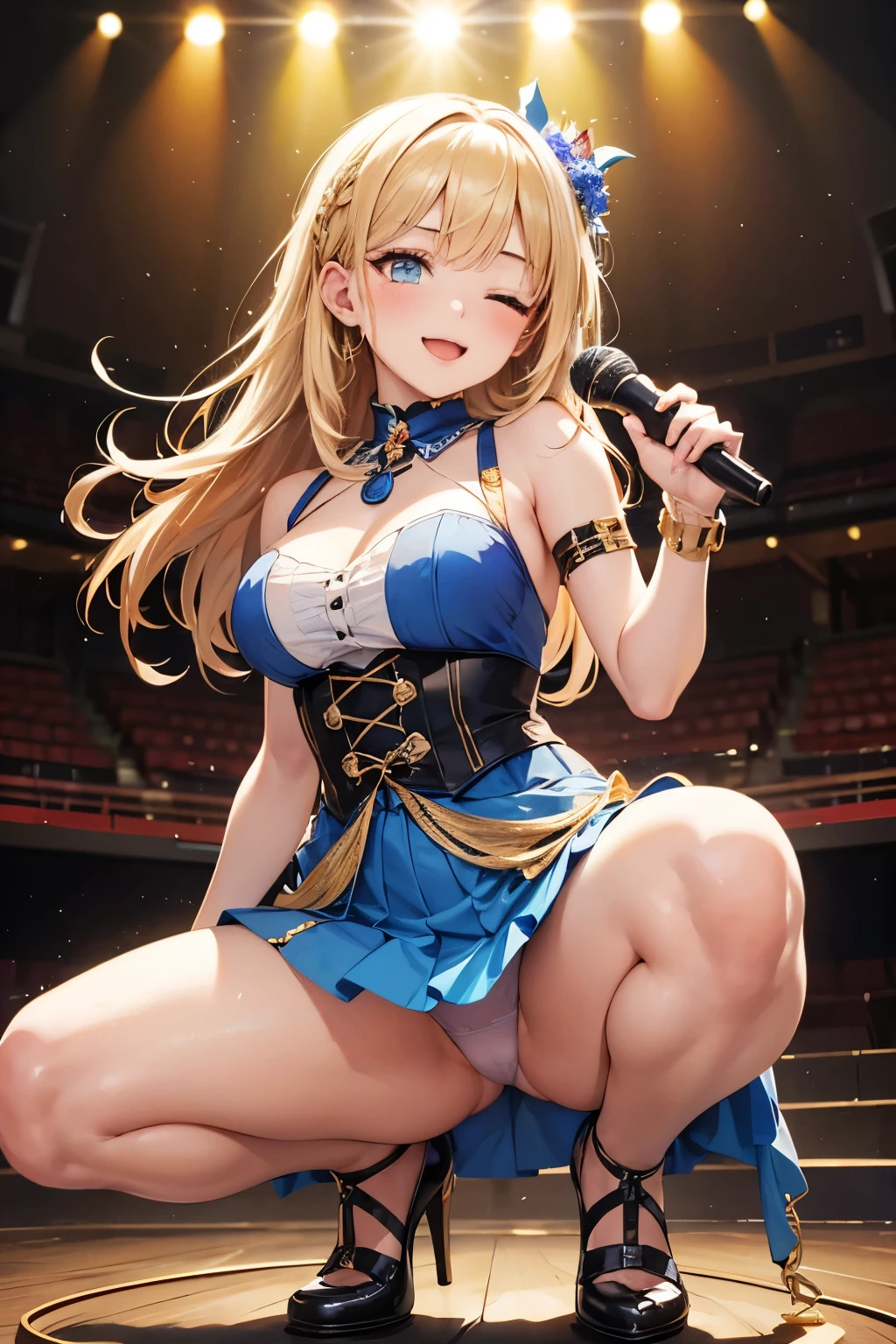 from front,  girl, baby face, squatting,open legs, Holding a microphone in your hand, sing, large breasts, blue and white, idol_singing_costume, idol_singing_costume, idol_singing_costume, mini skirt, panties, panty shot, blonde hair, long hair, flower on hair, one eye closed, smile, happy, stage, live, spotlight, indoor, cinematic lighting, pretty, masterpiece, high quality, best quality, beautiful, hd, perfect lighting, detailed face, detailed body, masterpiece, best quality, intricate details, 8k uhd, perfect face, perfect eyes