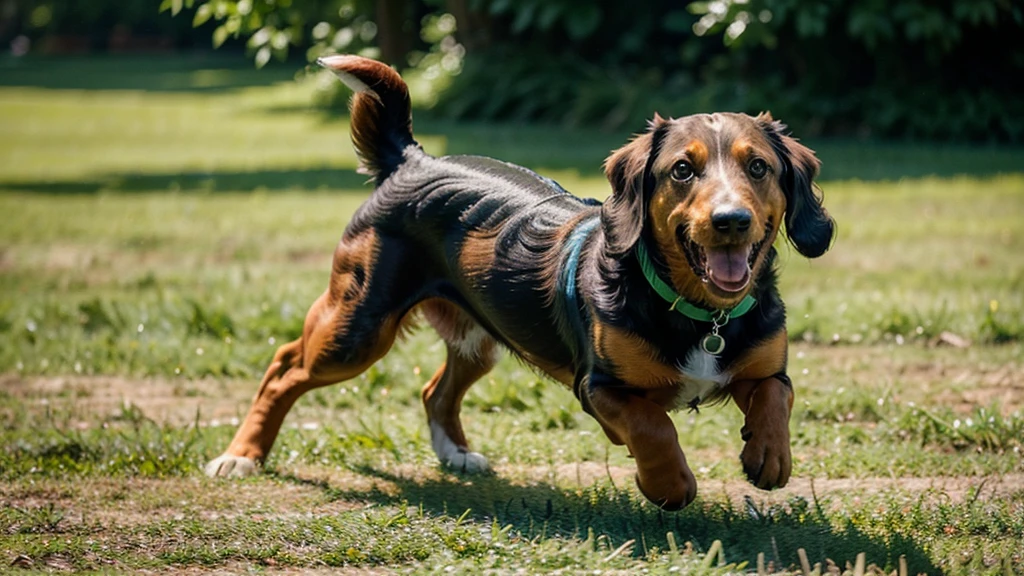 a happy dachshund running through the grass, detailed dog, extremely detailed fur, adorable dog expression, playful dog, dog running, lush green grass, sunlight, shallow depth of field, vibrant colors, award winning photography