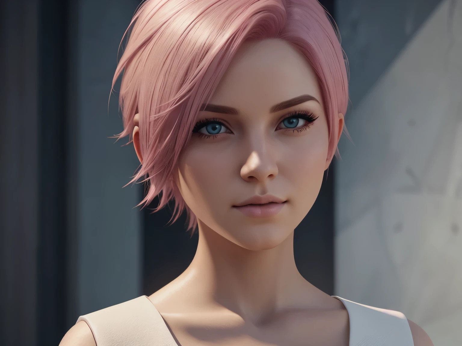 arcanevi, a woman with medium short pink hair wearing a white dress, female face, unreal engine character art, portrait
