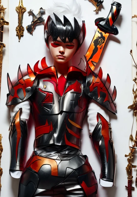 (ultra realistic,32k, masterpiece:1.2),(high detailed skin:1.1),( high quality:1.1),
1boy,(caucasian european), black hair,  with cyberpunk samurai armor,  cute, 18 years old, european caucasian), beautiful decourations, 8k, uhd, masterpiece, katana in the back, kanjis, (metal black armor with red and orange decourations), fire themed armor, light effects