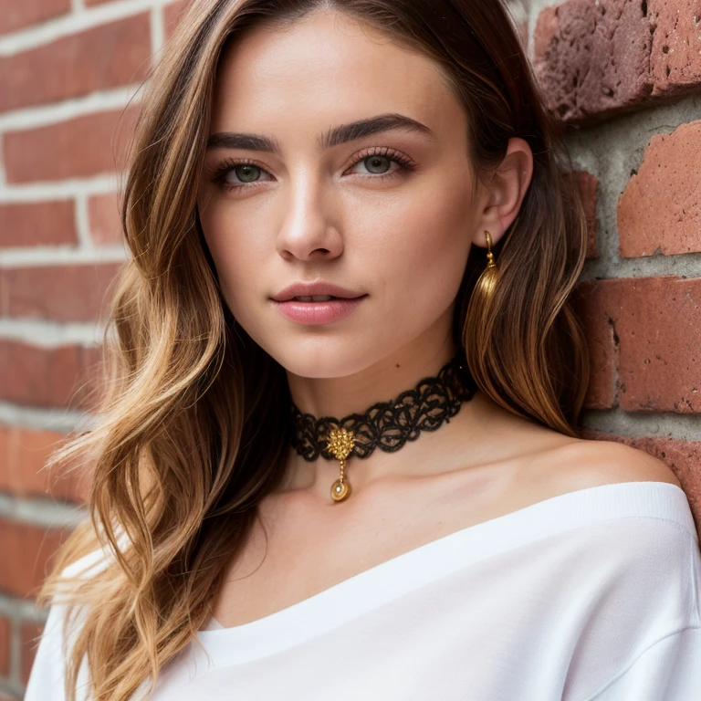 ultra realistic 8k cg, masterpiece, ((ultra detailed background, delicate pattern, intricate detail)), best quality, intricate details, chromatic aberration, 1girl, long hair, golden hair, messy hair, red highlights, hair over one eye, sharp eyes, choker, brick wall, graffiti, dim lighting, alley, oversized shirt,off shoulder, see through white shirt, Masterpiece, best quality