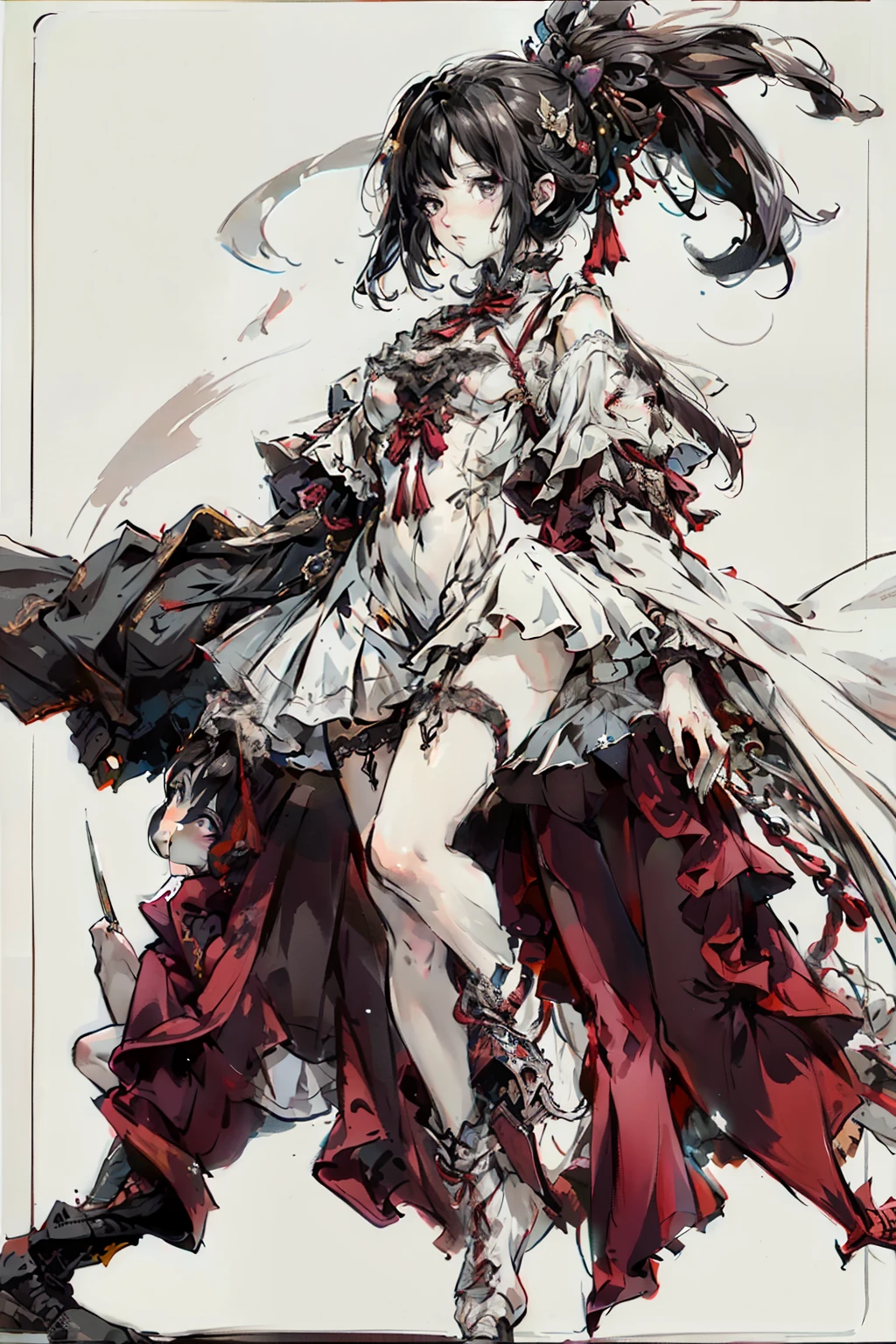 ((best quality)), ((masterpiece)), (detailed), blank white background, plain background, white background, red and white clothing, Bloodborne inspired, occult aesthetic, occult, detailed and intricate steampunk and detailed gothic, NSFW, Very dramatic and cinematic lighting, cosmic horror, grim-dark, side-lighting, perfect face, NSFW, Fluttering lace flared long knee length dress with frilly petticoats, knee length dress, pleated petticoats, ta dress, petticoats gothic lolicomplex lace boots, side-lighting, gothic lolita aetic, wielding a mighty sword, carbine, NSFW, beautiful small breasts, small breasts, full body, whole body, body, plain background, white background, blank background, no background, white background NSFW, full body, whole body, head-to-toe NSFW