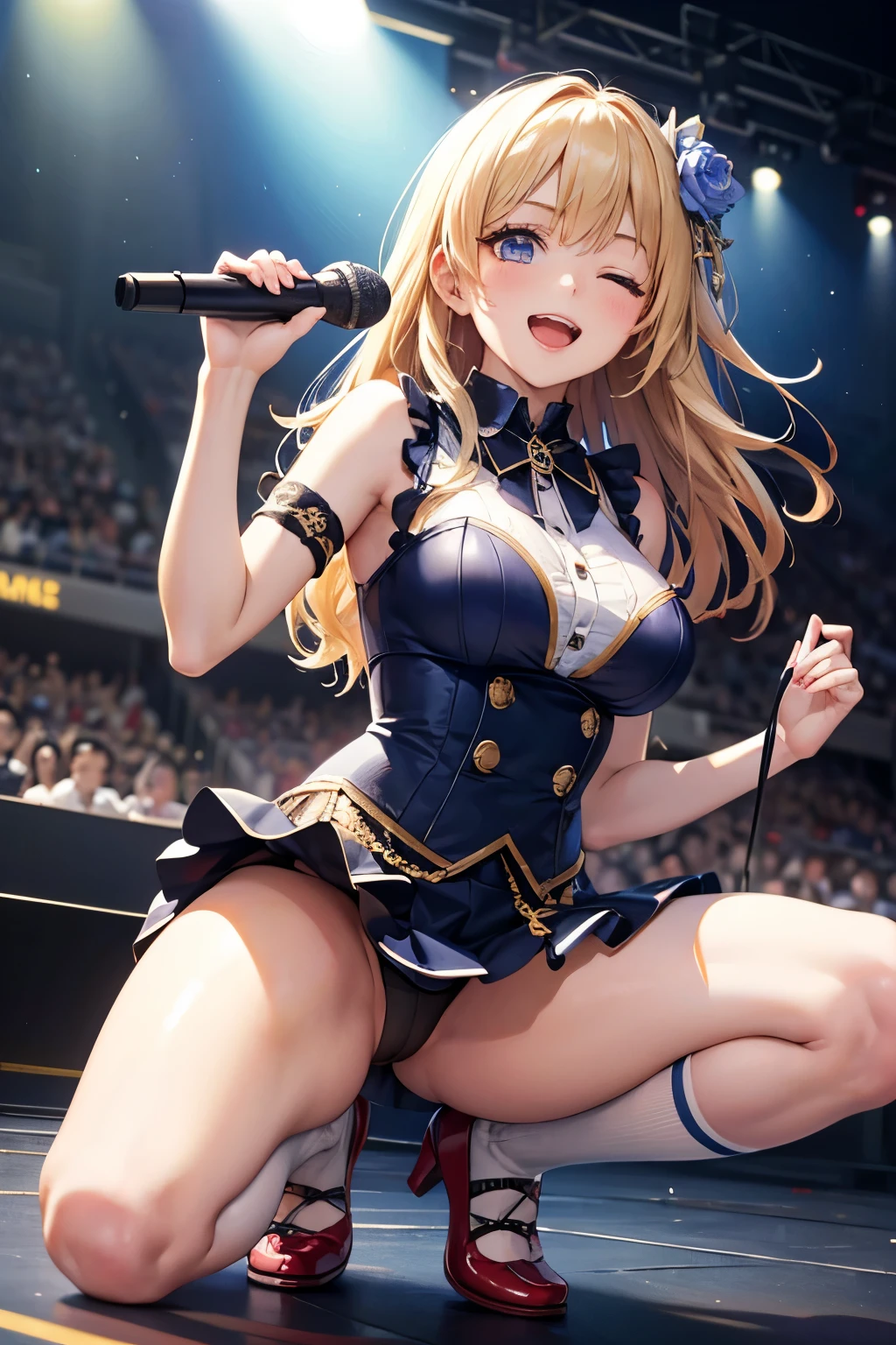 from front, girl, baby face, squatting,open legs, Holding a microphone in your hand, sing, skirt lift, large breasts, blue and white, idol_singing_costume, idol_singing_costume, idol_singing_costume, mini skirt, panties, panty shot, over-the-knee socks, blonde hair, long hair, flower on hair, one eye closed, smile, happy, stage, live, spotlight, indoor, cinematic lighting, pretty, masterpiece, high quality, best quality, beautiful, hd, perfect lighting, detailed face, detailed body, masterpiece, best quality, intricate details, 8k uhd, perfect face, perfect eyes