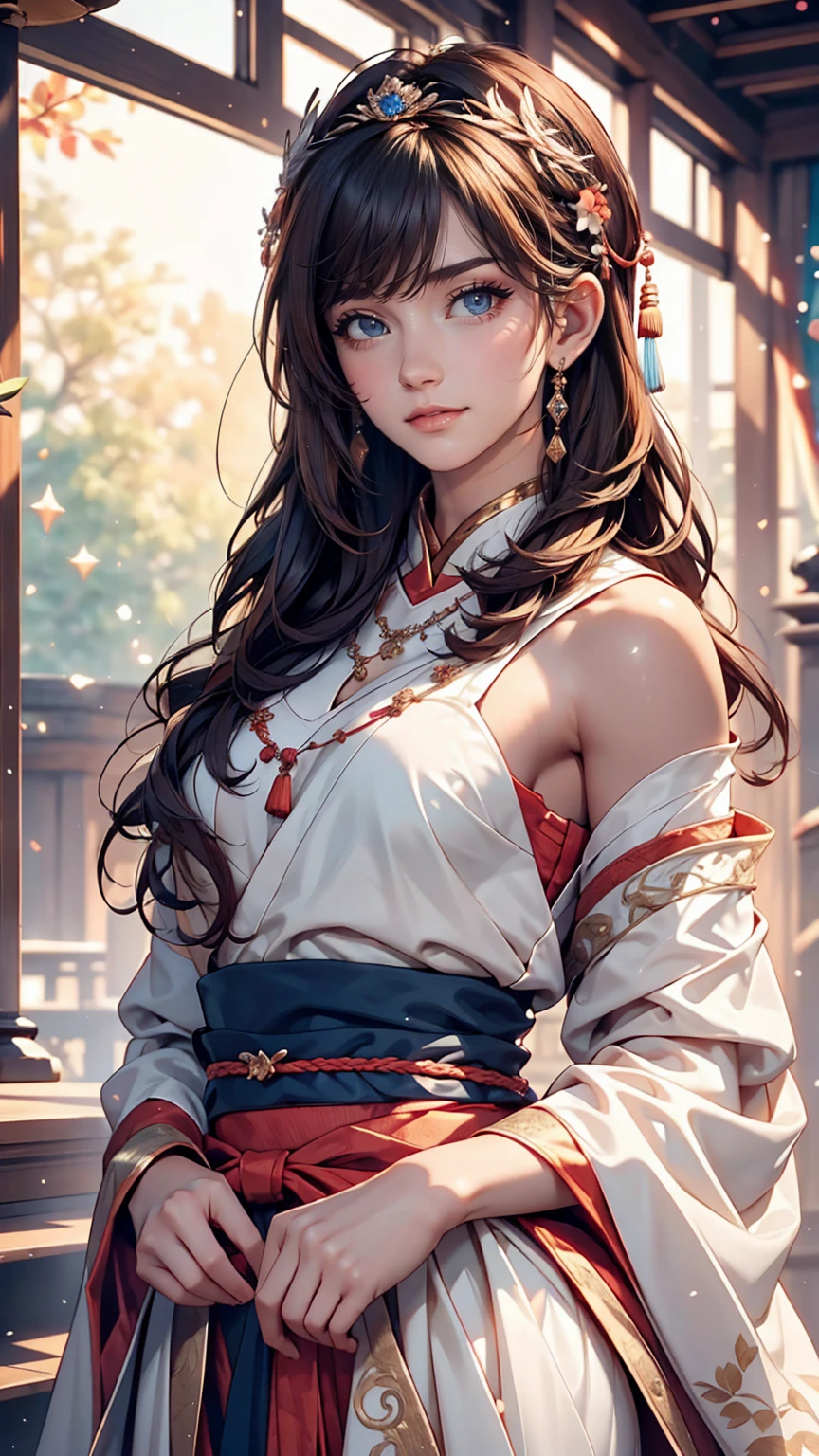 Great quality, masterpiece, High Resolutiupon, One girl, blush, (Captivating smile: 0.8), Star Student, chinese hanfu, hair accessory, necklace, jewelry, beauty, upon_body, Tyndall effect, Realistic, Shadow Room, Light Edge, Two-tupone Lighting, (Skin with attention to detail: 1.2), 8k UHD, SLR, Soft Light, high quality, Volumetric lighting, snapshot, High Resolutiupon, 4K, 8k, Background Blur, Real Persupon