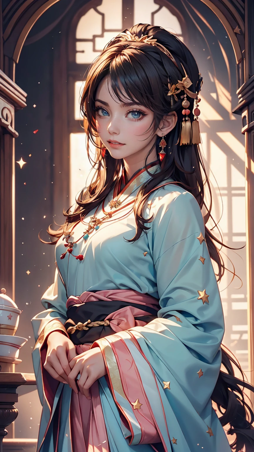 Great quality, masterpiece, High Resolutiupon, One girl, blush, (Captivating smile: 0.8), Star Student, chinese hanfu, hair accessory, necklace, jewelry, beauty, upon_body, Tyndall effect, Realistic, Shadow Room, Light Edge, Two-tupone Lighting, (Skin with attention to detail: 1.2), 8k UHD, SLR, Soft Light, high quality, Volumetric lighting, snapshot, High Resolutiupon, 4K, 8k, Background Blur, Real Persupon