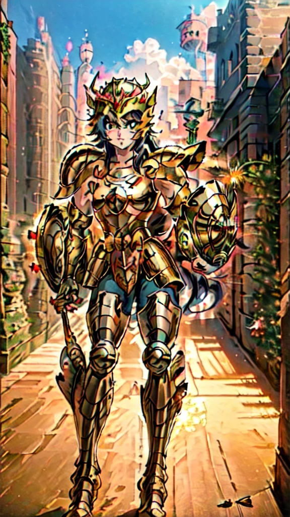 masterpiece, best quality, highres, solo, 1girl, green eyes, helmet,armor, outdoor ,(medium breasts,:1.5)