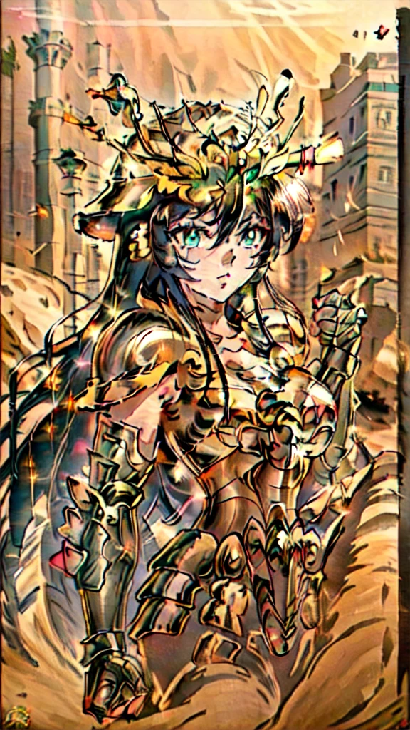 masterpiece, best quality, highres, solo, 1girl, green eyes, helmet,armor, outdoor ,(medium breasts,:1.5)