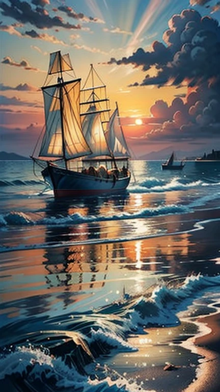 watercolor painting sunset, high tide, golden sand, calm sea, colored clouds, rays of light break through the clouds, in the reflection of light on the water, a sailing boat is a fish, the sea shimmers with bright colors . vibrant, beautiful, painterly, detailed, textural, artistic