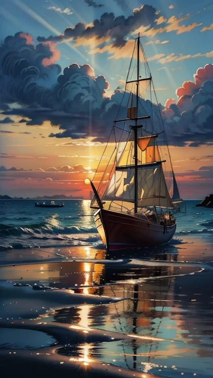 watercolor painting sunset, high tide, golden sand, calm sea, colored clouds, rays of light break through the clouds, in the reflection of light on the water, a sailing boat is a fish, the sea shimmers with bright colors . vibrant, beautiful, painterly, detailed, textural, artistic
