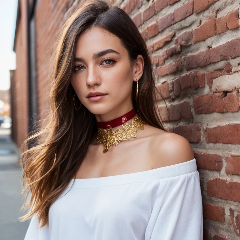 ultra realistic 8k cg, masterpiece, ((ultra detailed background, delicate pattern, intricate detail)), best quality, intricate details, chromatic aberration, 1girl, long hair, golden hair, messy hair, red highlights, hair over one eye, sharp eyes, choker, brick wall, graffiti, dim lighting, alley, oversized shirt,off shoulder, see through white shirt, Masterpiece, best quality