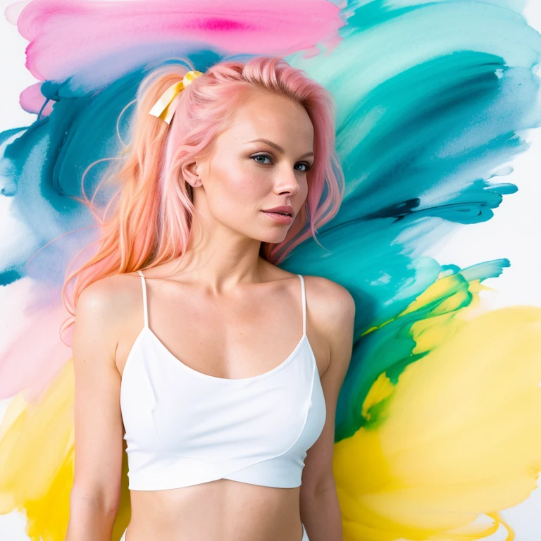 (8k, best quality, masterpiece:1.2),(best quality:1.0), (ultra highres:1.0), pencil colors, Pamela Anderson, shoulder, hair ribbons, by agnes cecile, full body photography, extremely luminous bright design, pastel colors, (ink:1.3), autumn lights