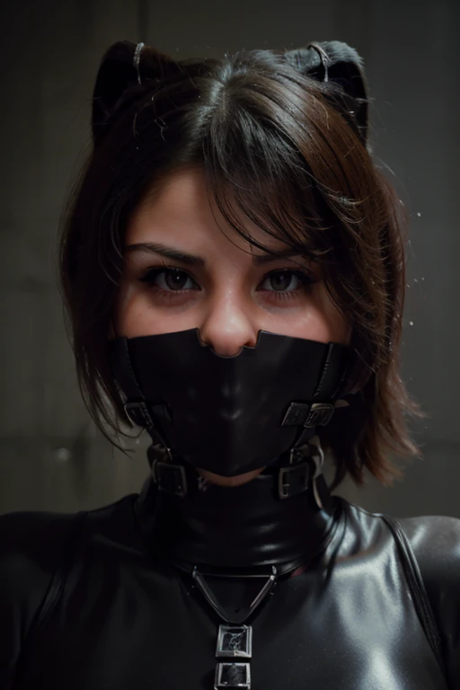 (Selena Gomez, bdsm, bondage, muzzle covering mouth, drool dripping, drool dangling, breathplay), 8k, realistic, drooling, pleading eyes, dripping wet, waiting to be tortured, cleavage, muzzle harness, drool all over face, drool all over breasts, breath control, muzzled, sweating, exact likeness 