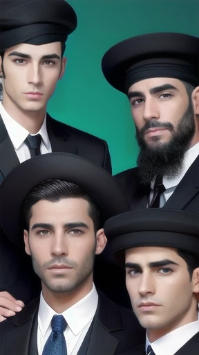 group of handsome haredi men stylish short hair focus on the characters' faces.