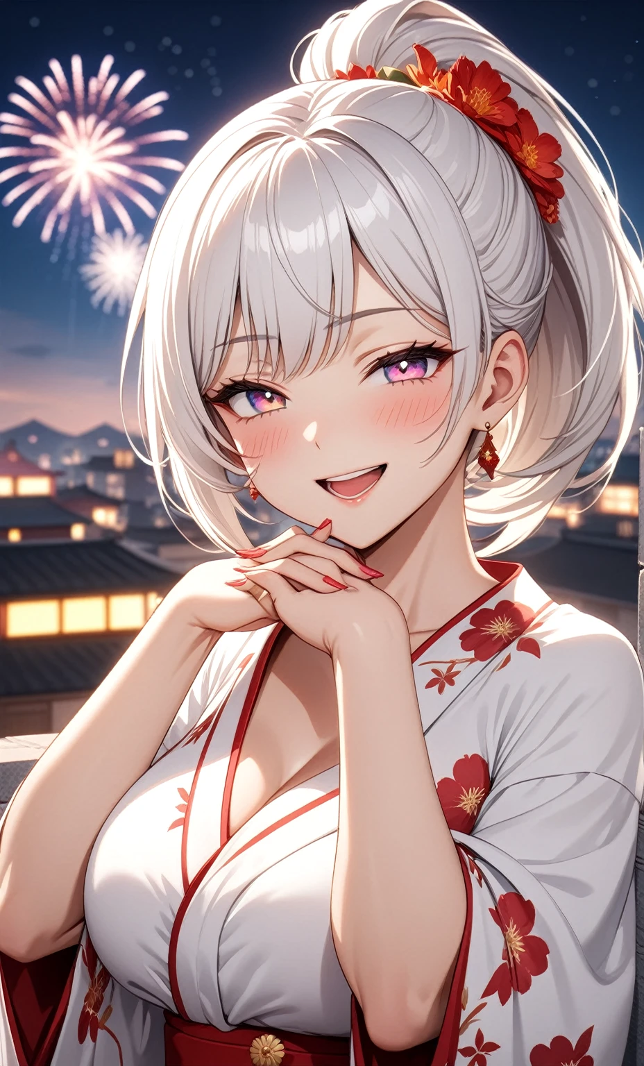 ((one personの女性)), Beautiful Face,Laughing embarrassedly,Laughing with your mouth open,((Wink:2.0)),(Bright red cheeks),Glossy pink lips,night,rooftop,firework,((Anime style background)),masterpiece, highest quality, so beautiful, Latest, Complex details, (Pink long nails),(ring),AI-generated, Complex,High resolution, highest quality, super high quality,3D Images、View your viewers、3D Images,one person,Long white hair,High Ponytail,blue eyes,Anime woman posing for a photo, ((Fine grain、Colorful eyes、Shining Eyes:1.3)),(Squint your eyes:1.1),a hyperRealistic , hyperRealistic , Realistic,Anime woman with long and white hair, Smooth anime CG art, A woman in a gorgeous kimono embroidered with gold, (White kimono),Red floral pattern,Long flower hair ornament,Big earrings,Mature Body,(Big Breasts:1.2),Tall,Big Ass,Fine details,Narrow waist,Abdominal muscles,(Face close-up:1.2),(A woman clasping their hands in front of their mouth with a delighted expression),