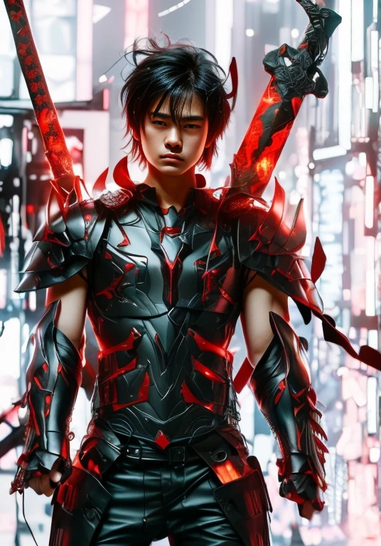 (ultra realistic,32k, masterpiece:1.2),(high detailed skin:1.1),( high quality:1.1),
1boy,(caucasian european), black hair, with cyberpunk samurai armor, cute, 18 years old, european caucasian), beautiful decourations, 8k, uhd, masterpiece, katana in the back, kanjis, (metal black armor with red and orange decourations), fire themed armor, light effects