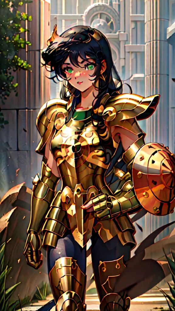 masterpiece, best quality, highres, solo, 1girl, green eyes, helmet,armor, outdoor ,(medium breasts,:1.5) 