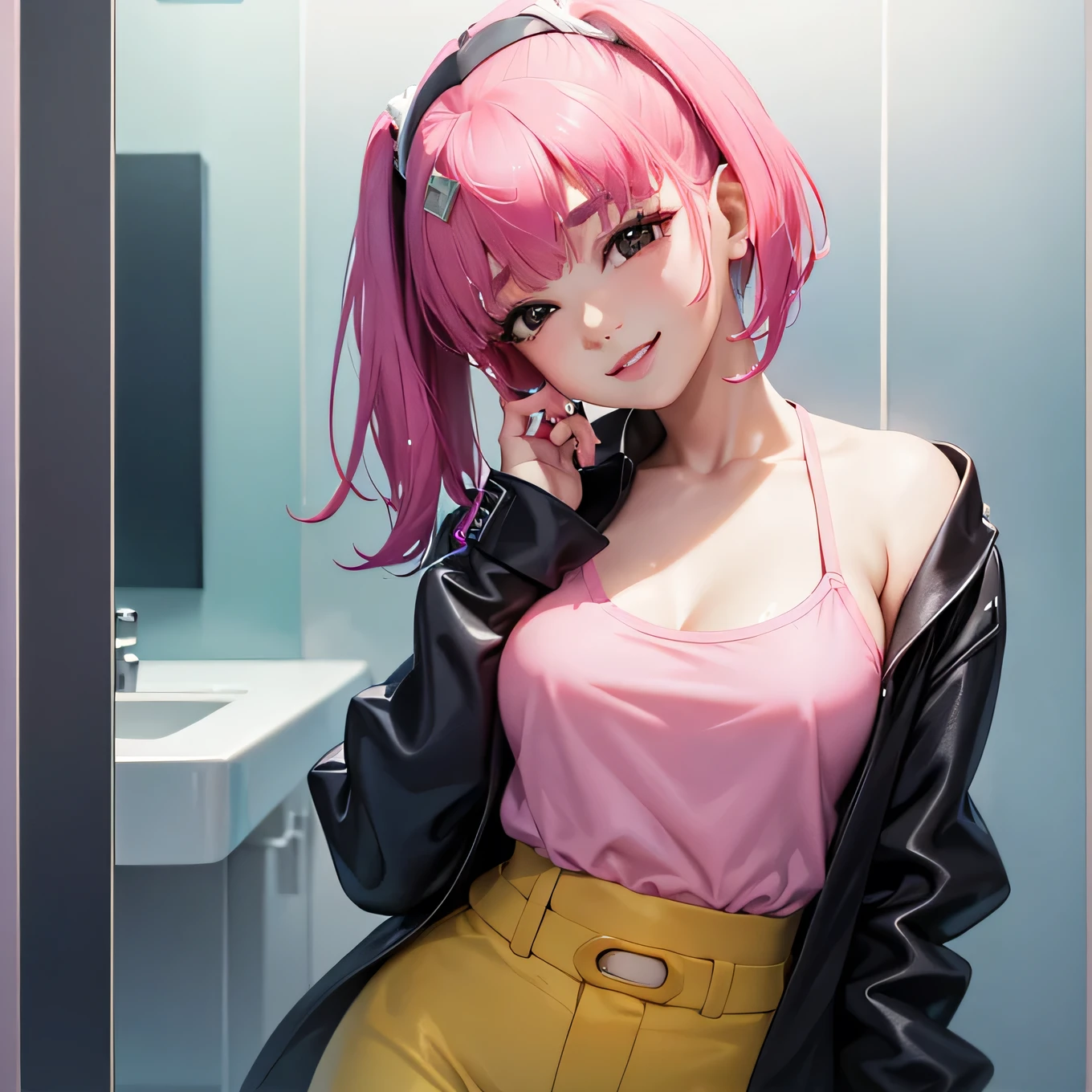 Young Latina ((Ultra-realistic:1.2)), Wearing a navy blue lab coat and light pink pants, she is smiling broadly.., Very bright bathroom, (near), Bring your face closer, Digital single-lens reflex camera, 100mm