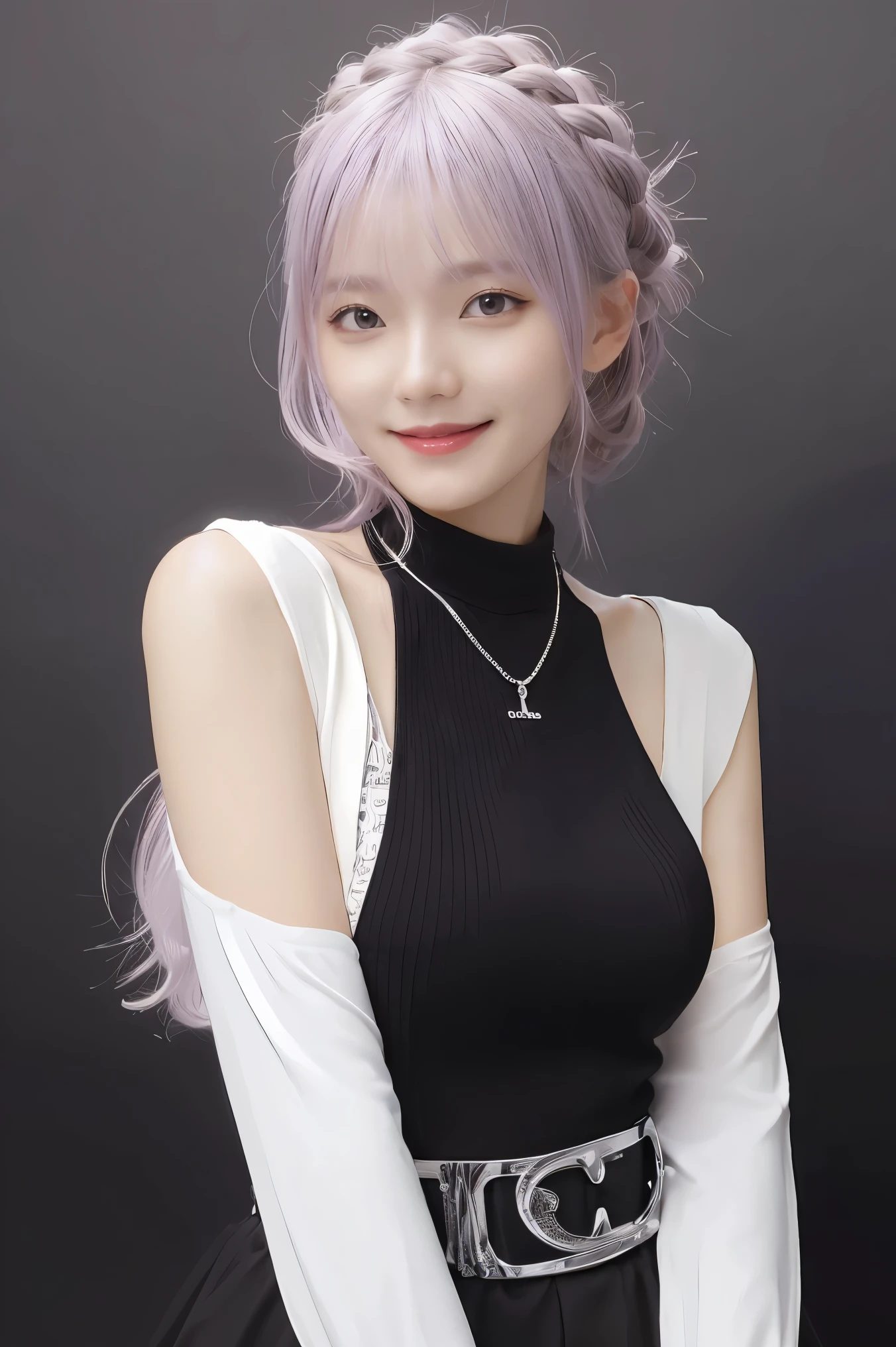 Masterpiece,1girl,solo, light smile, metal necklace, white shirt, modern , accessories, two-tone hair color in purple and black, unique hairstyle, stylish, black background