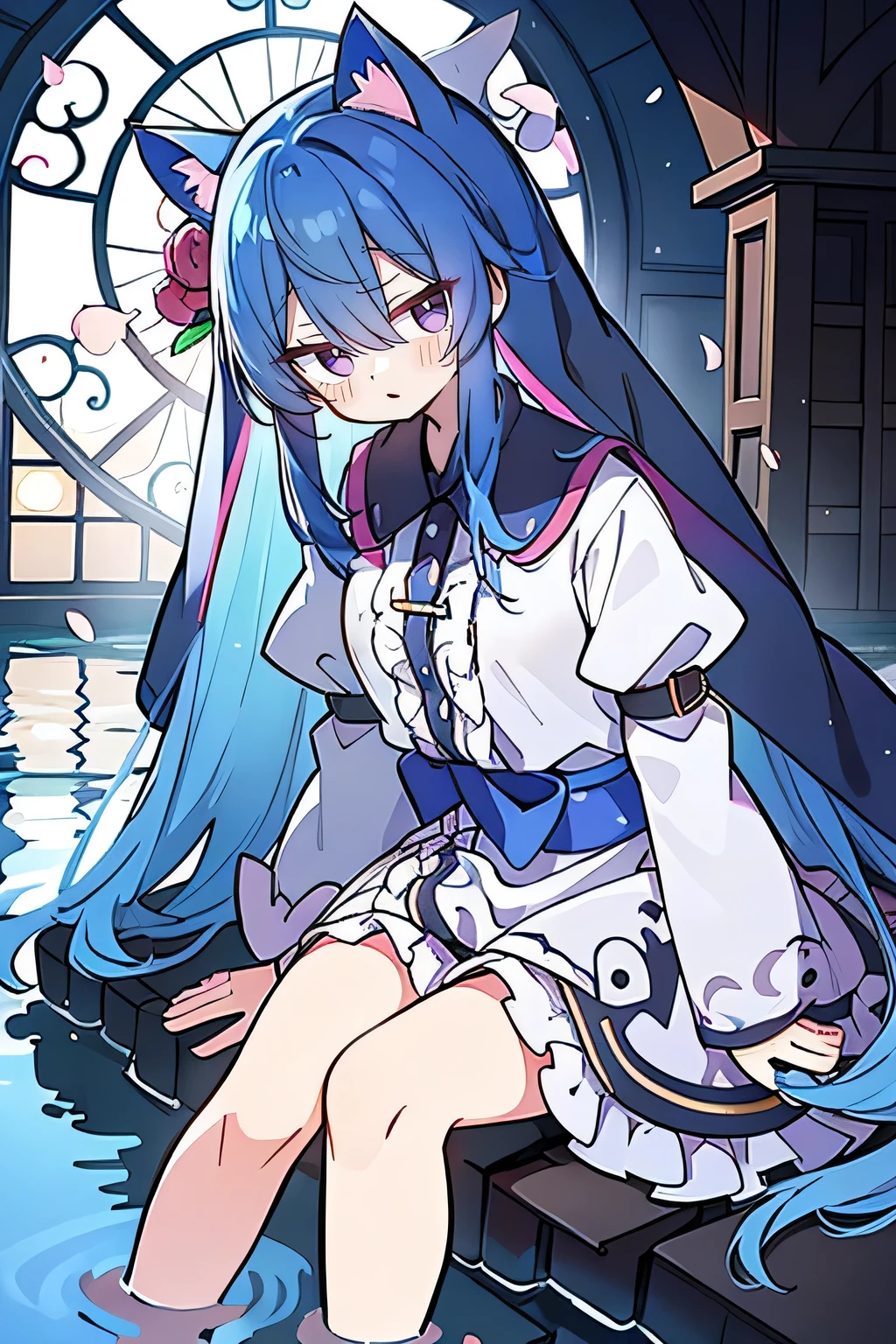 (masterpiece:1.2),Extremely detailed,Practical,expressive eyes,Fair skin,Perfect face shaping,1 Girl,
Japanese cartoons,Gorgeous blue hair, the long flowing blue hair,Floating clothes,Cat ears,Petals fall,beautiful lola,Young Angel,
Place your hands on your waist,sit elegantly on the ground,Cross your legs,Gentle and peaceful background,stately church,nun,lie on the water,Blackening,A look of disdain.