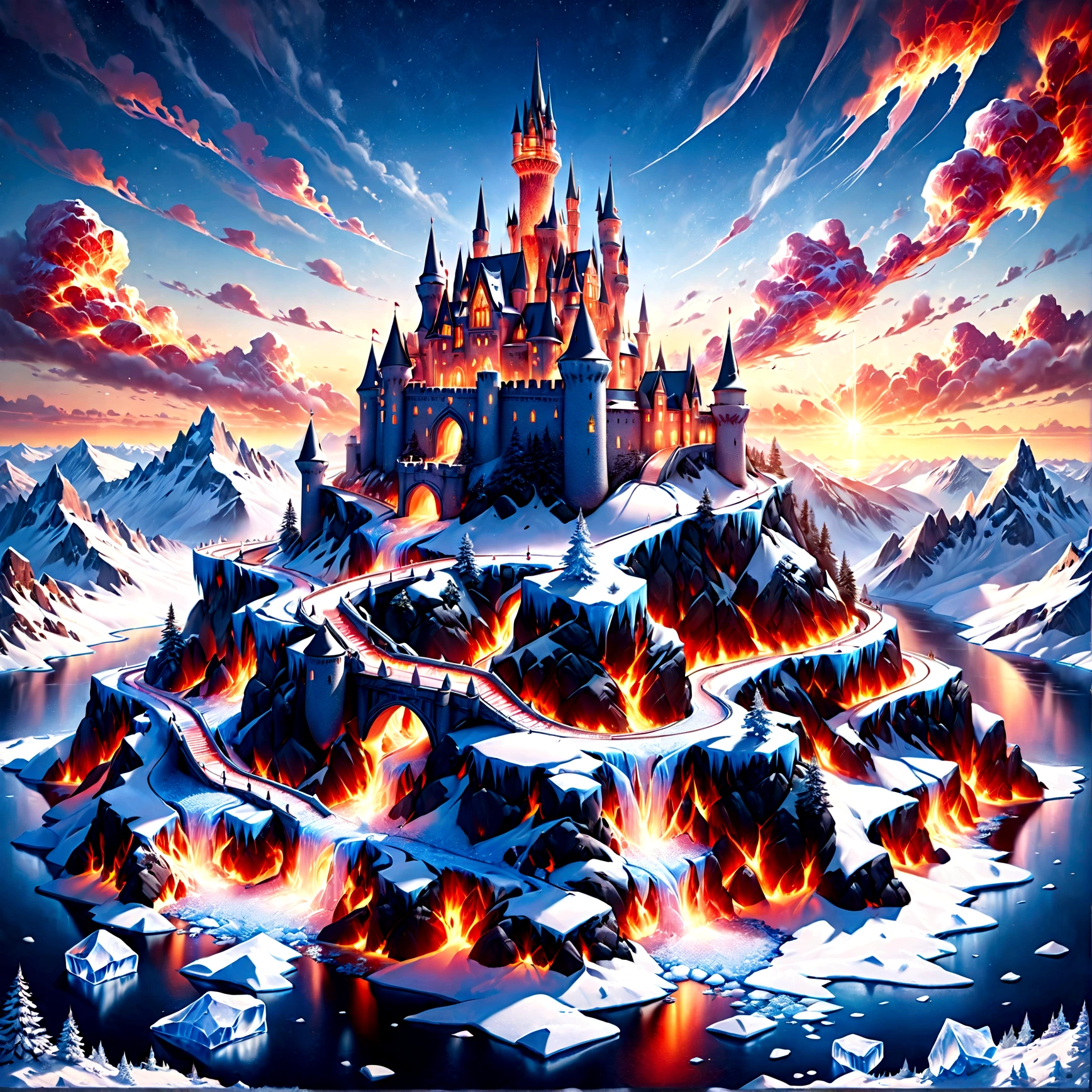 a panoramic award winning photography, Photorealistic, extremely detailed of a castle made from (ice: 1.3) made_of_ice standing on the peak of a snowy mountain, an impressive best detailed castle made from ice (Photorealistic, extremely detailed), with towers, bridges, a moat filled with lava (Photorealistic, extremely detailed),  standing on top of a snowy mountain (masterpiece, extremely detailed, best quality), with pine trees, sunset light, some clouds in the air,  alpine mountain range background, best realistic, best details, best quality, 16k, [ultra detailed], masterpiece, best quality, (extremely detailed), ultra wide shot, photorealism, depth of field, faize, raging nebula