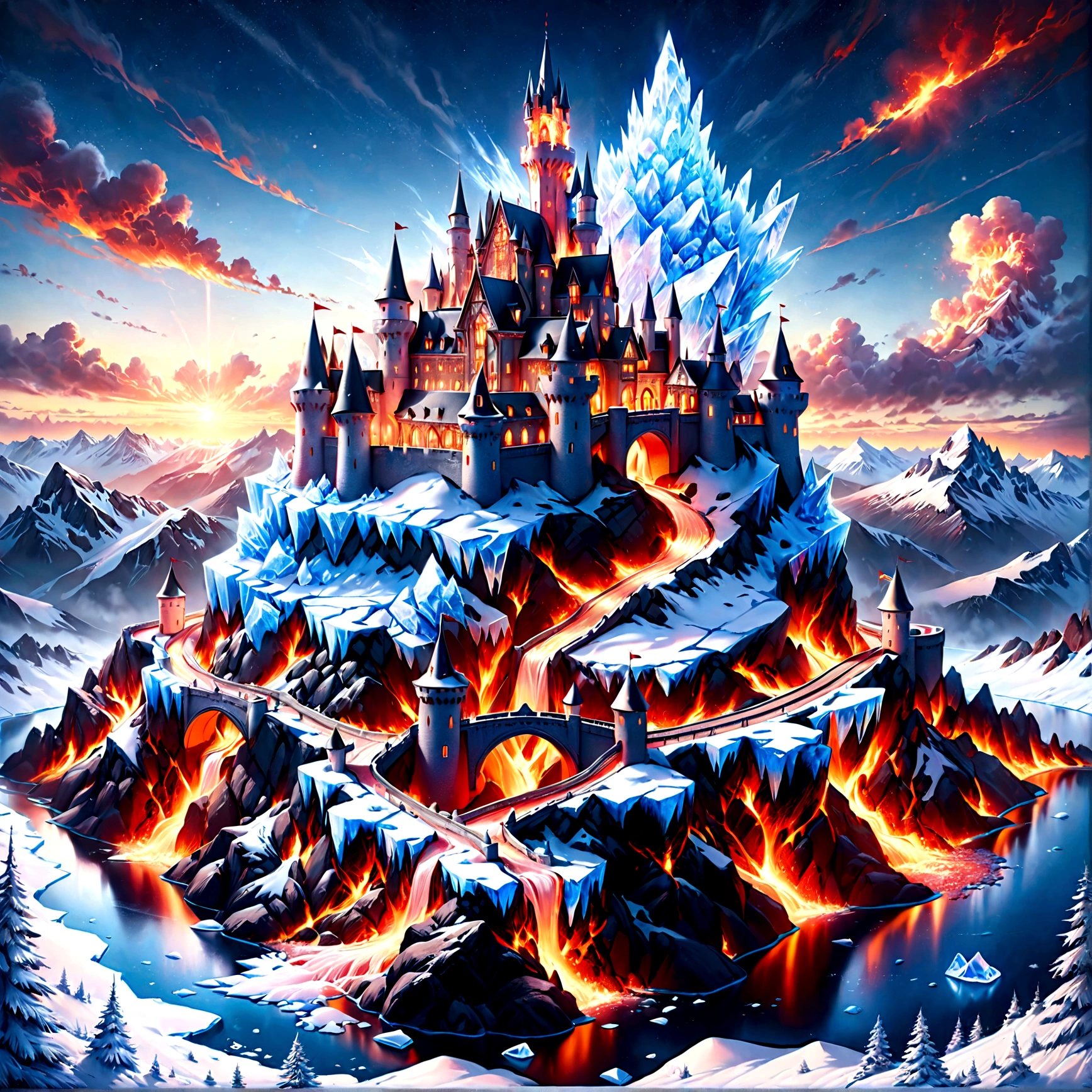a panoramic award winning photography, Photorealistic, extremely detailed of a castle made from (ice: 1.3) made_of_ice standing on the peak of a snowy mountain, an impressive best detailed castle made from ice (Photorealistic, extremely detailed), with towers, bridges, a moat filled with lava (Photorealistic, extremely detailed),  standing on top of a snowy mountain (masterpiece, extremely detailed, best quality), with pine trees, sunset light, some clouds in the air,  alpine mountain range background, best realistic, best details, best quality, 16k, [ultra detailed], masterpiece, best quality, (extremely detailed), ultra wide shot, photorealism, depth of field, faize, raging nebula