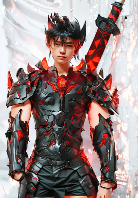 (ultra realistic,32k, masterpiece:1.2),(high detailed skin:1.1),( high quality:1.1),
1boy,(caucasian european), black hair, with cyberpunk samurai armor, cute, 18 years old, european caucasian), beautiful decourations, 8k, uhd, masterpiece, katana in the back, kanjis, (metal black armor with red and orange decourations), fire themed armor, light effects