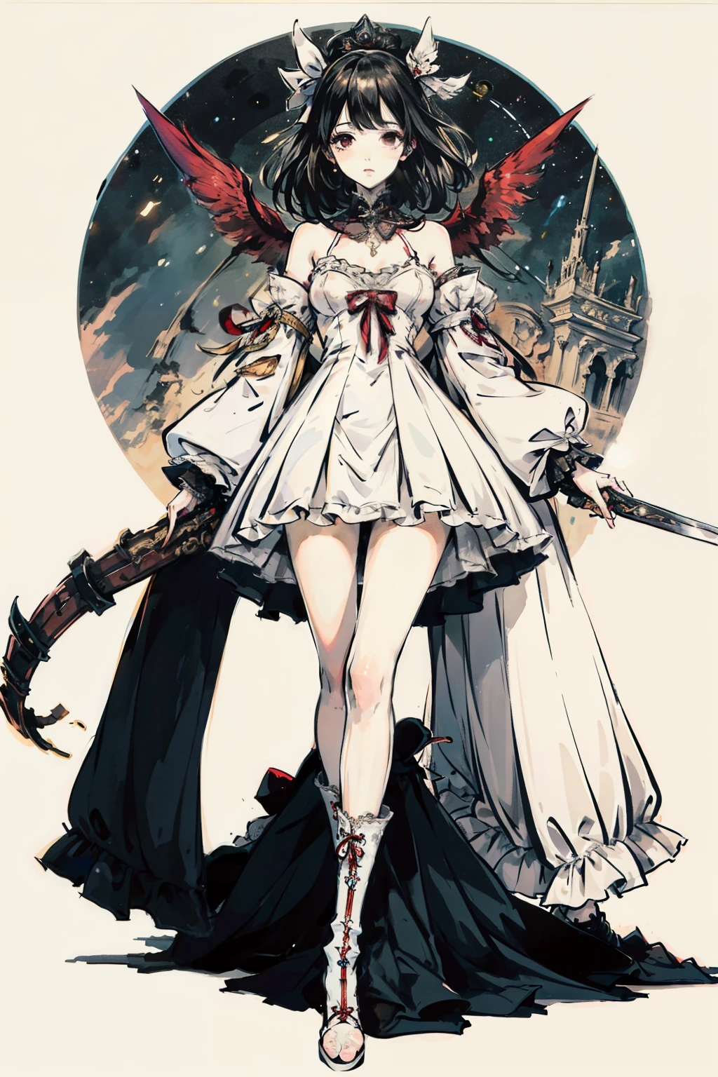 ((best quality)), ((masterpiece)), (detailed), blank white background, plain background, white background, red and white clothing, Bloodborne inspired,  occult aesthetic, occult, detailed and intricate steampunk and detailed gothic, NSFW, Very dramatic and cinematic lighting, cosmic horror, grim-dark, side-lighting, perfect face, NSFW, Fluttering lace flared long knee length dress with frilly petticoats, knee length dress, pleated petticoats, lolita dress, petticoats gothic lolita, complex lace boots, side-lighting, gothic lolita aesthetic, wielding a mighty sword, carbine, NSFW, beautiful small breasts, small breasts, full body, whole body, body, plain background, white background, blank background, no background, white background NSFW, full body, whole body, head-to-toe NSFW