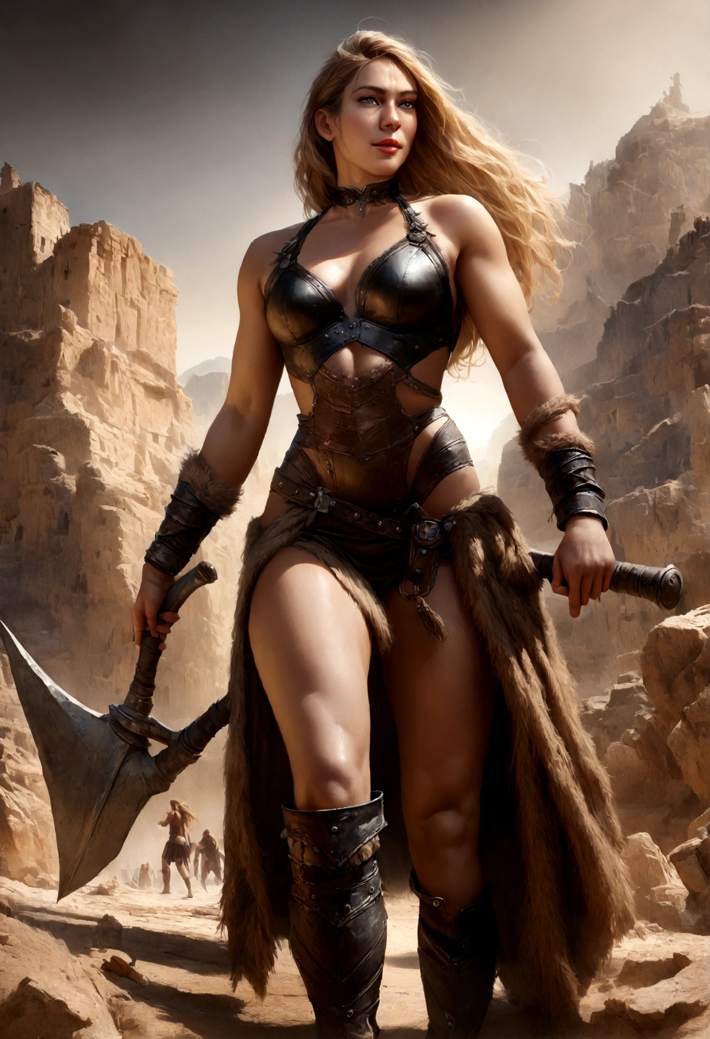 (best quality,4k,8k,highres,masterpiece:1.2),ultra-detailed,(realistic,photorealistic,photo-realistic:1.37),woman,barbarian,muscular,long blonde hair,smiling,beautiful detailed eyes,beautiful detailed lips,strong and determined expression,warrior,confident,athletic body,strong arms and legs,bronze skin,wearing fur and leather armor,leather boots with metal spikes,holding a battle-axe,background with ancient ruins and mountains,bathed in warm sunlight,slightly blurred edges,moody and dramatic lighting,color palette with earthy tones and hints of gold and red,low perspective view,capturing the strength and elegance of the female barbarian.