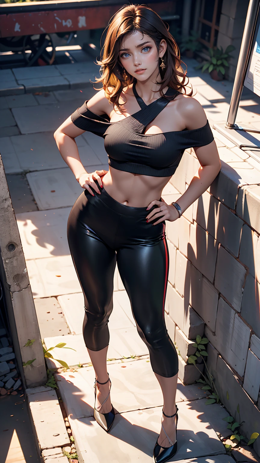 24-year-old female、Long Hair、Hair becomes wavy、Sexy proportions、Wear a one-shoulder top、Wear low rise leggings、Wear stiletto heels、smile、Put your hands on your hips、Old concrete wall background、Sunlight from directly above