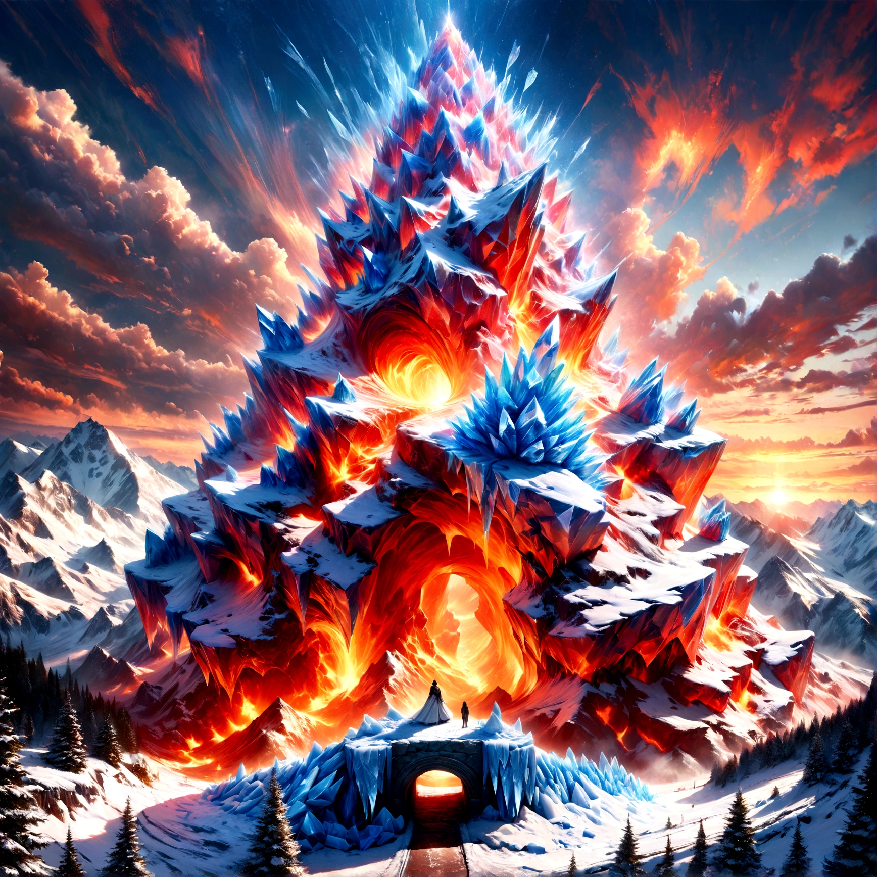 a panoramic award winning photography, Photorealistic, extremely detailed of a castle made from (ice: 1.3), standing on the peak of a snowy mountain, an impressive best detailed castle made from ice (Photorealistic, extremely detailed), with towers, bridges, a moat filled with lava (Photorealistic, extremely detailed),  standing on top of a snowy mountain (masterpiece, extremely detailed, best quality), with pine trees, sunset light, some clouds in the air,  alpine mountain range background, best realistic, best details, best quality, 16k, [ultra detailed], masterpiece, best quality, (extremely detailed), ultra wide shot, photorealism, depth of field, faize, raging nebula