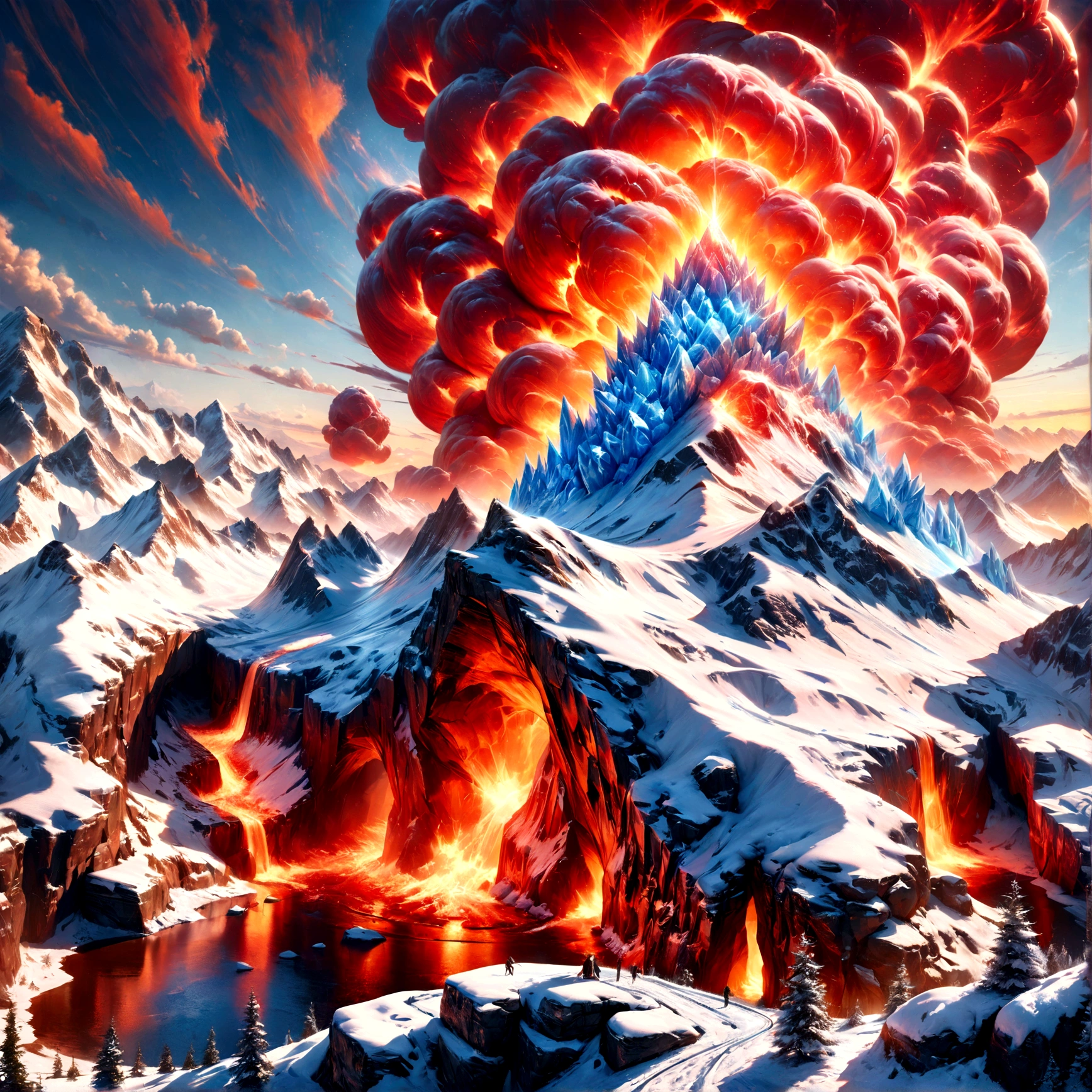 a panoramic award winning photography, Photorealistic, extremely detailed of a castle made from (ice: 1.3), standing on the peak of a snowy mountain, an impressive best detailed castle made from ice (Photorealistic, extremely detailed), with towers, bridges, a moat filled with lava (Photorealistic, extremely detailed),  standing on top of a snowy mountain (masterpiece, extremely detailed, best quality), with pine trees, sunset light, some clouds in the air,  alpine mountain range background, best realistic, best details, best quality, 16k, [ultra detailed], masterpiece, best quality, (extremely detailed), ultra wide shot, photorealism, depth of field, faize, raging nebula