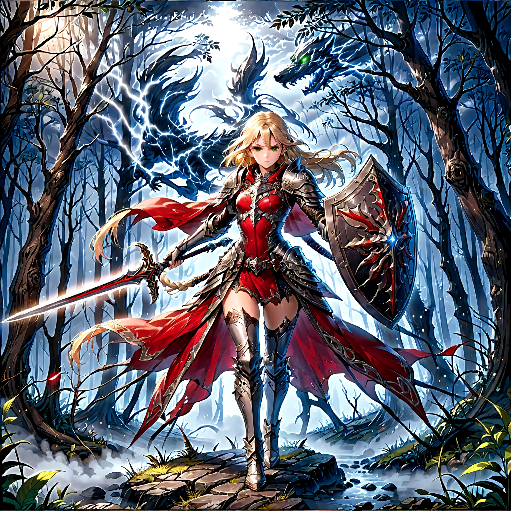 fantasy art, RPG art, Dark fantasy art, ultra wide shot, RAW, photorealistic, a picture of (1single: 1.5) female human ranger, the ranger, an exquisite beautiful human woman, long blond hair, braided hair, green eyes, wearing leather armor, wearing (red cloak: 1.1), armed with a (sword: 1.3), wearing laced boots, standing in a dark forest at night, (mist rising from the grounds: 1.3), a sense of dread and fear, yet she stands defiant and fearless, dark fantasy forest background, best quality, 16k, [ultra detailed], masterpiece, best quality, (ultra detailed), full body, ultra wide shot, photorealism, Sword and shield, aetherpunkai