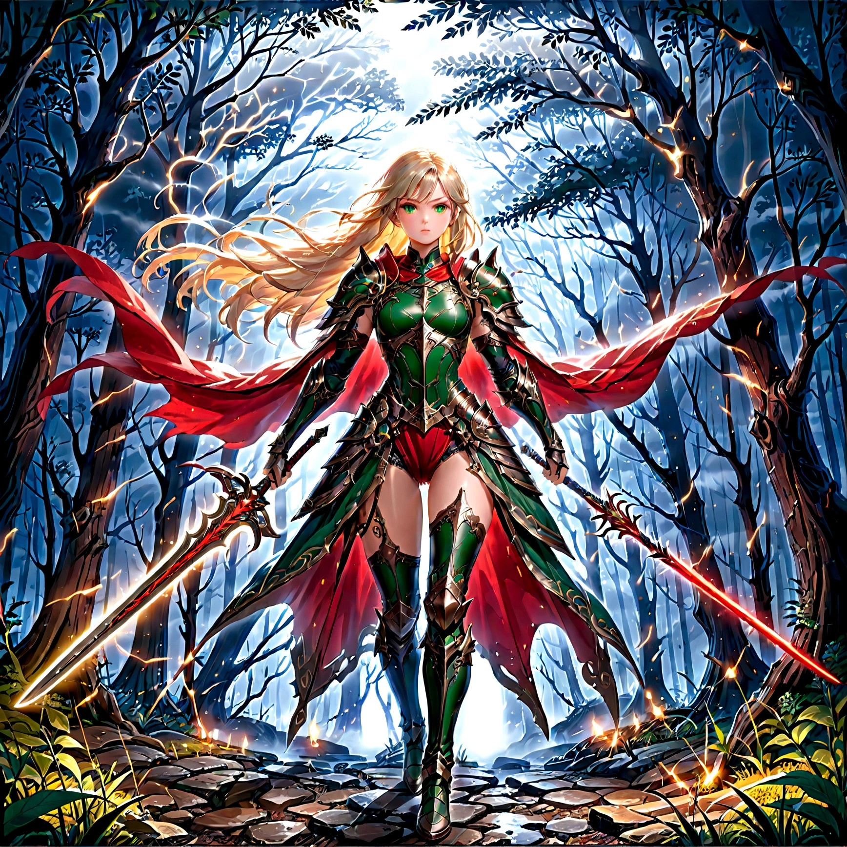 fantasy art, RPG art, Dark fantasy art, ultra wide shot, RAW, photorealistic, a picture of (1single: 1.5) female human ranger, the ranger, an exquisite beautiful human woman, long blond hair, braided hair, green eyes, wearing leather armor, wearing (red cloak: 1.1), armed with a (sword: 1.3), wearing laced boots, standing in a dark forest at night, (mist rising from the grounds: 1.3), a sense of dread and fear, yet she stands defiant and fearless, dark fantasy forest background, best quality, 16k, [ultra detailed], masterpiece, best quality, (ultra detailed), full body, ultra wide shot, photorealism, Sword and shield, aetherpunkai