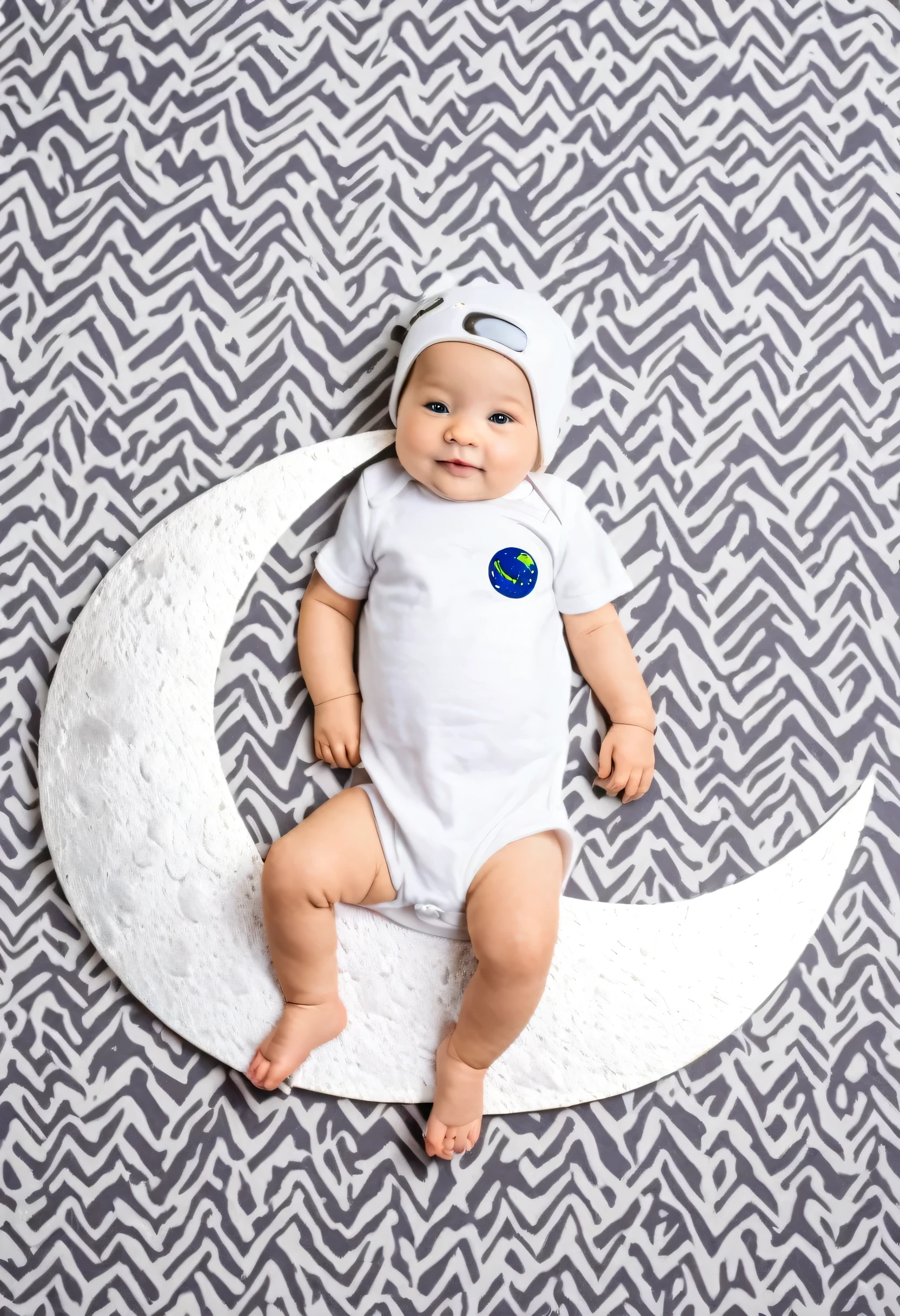 Baby laying down on moon cutout wearing ear cap
