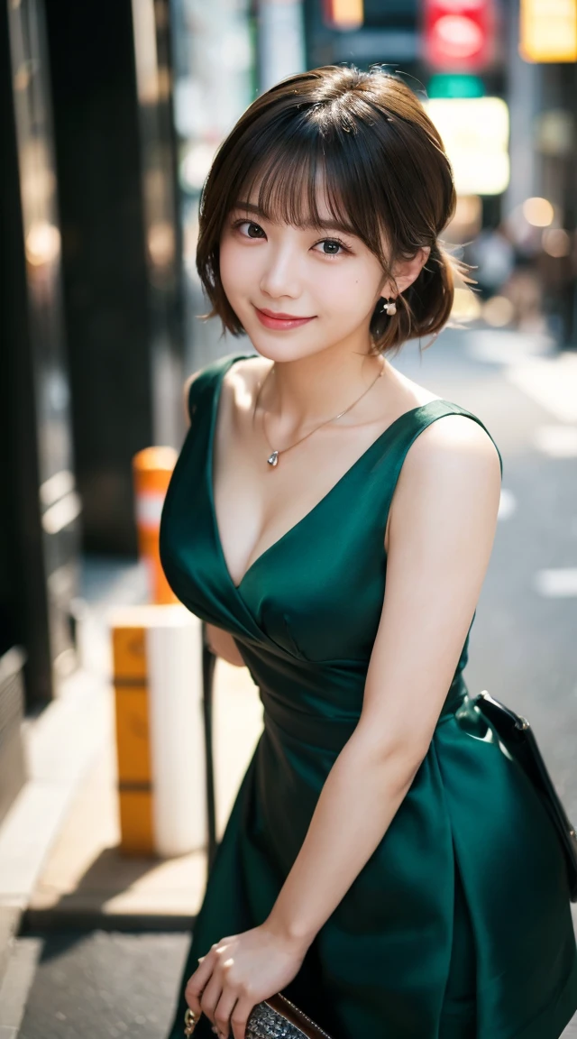(highest quality, masterpiece:1.3, ultra high resolution), (Super detailed, caustics, 8k), (photorealistic:1.4, RAW shooting), 1 girl, (look at the camera with a smile), 20-year-old, cute, Japanese, gradient hair color, Wolf Bob Kat hairstyle, (bronde hair), (hair tied), Natural lips, (wearing sage green satin dress and hot pants, carrying a sage green bag), (wearing ÉTOILE FILANTE earrings by chanel), (wearing coco crush necklace by chanel), perfect necklace, (perfect earrings), cleavage, (Street in Tokyo at night), bust up shot, face focus, Natural light, Backlight, (A bright light shines from above), (Lens flare), professional writing, perfect bodies, perfect arms, Perfect fingers, perfect legs, perfect hair, pores, Realistic skin texture, perfect teeth, (low position), (Low - Angle), full body