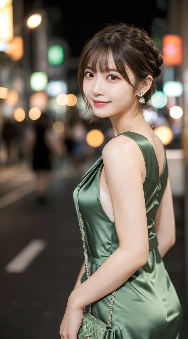(highest quality, masterpiece:1.3, ultra high resolution), (Super detailed, caustics, 8k), (photorealistic:1.4, RAW shooting), 1 girl, (look at the camera with a smile), 20-year-old, cute, Japanese, gradient hair color, Wolf Bob Kat hairstyle, (bronde hair), (hair tied), Natural lips, (wearing sage green satin dress and hot pants, carrying a sage green bag), (wearing ÉTOILE FILANTE earrings by chanel), (wearing coco crush necklace by chanel), perfect necklace, (perfect earrings), cleavage, (Street in Tokyo at night), bust up shot, face focus, Natural light, Backlight, (A bright light shines from above), (Lens flare), professional writing, perfect bodies, perfect arms, Perfect fingers, perfect legs, perfect hair, pores, Realistic skin texture, perfect teeth, (low position), (Low - Angle), full body