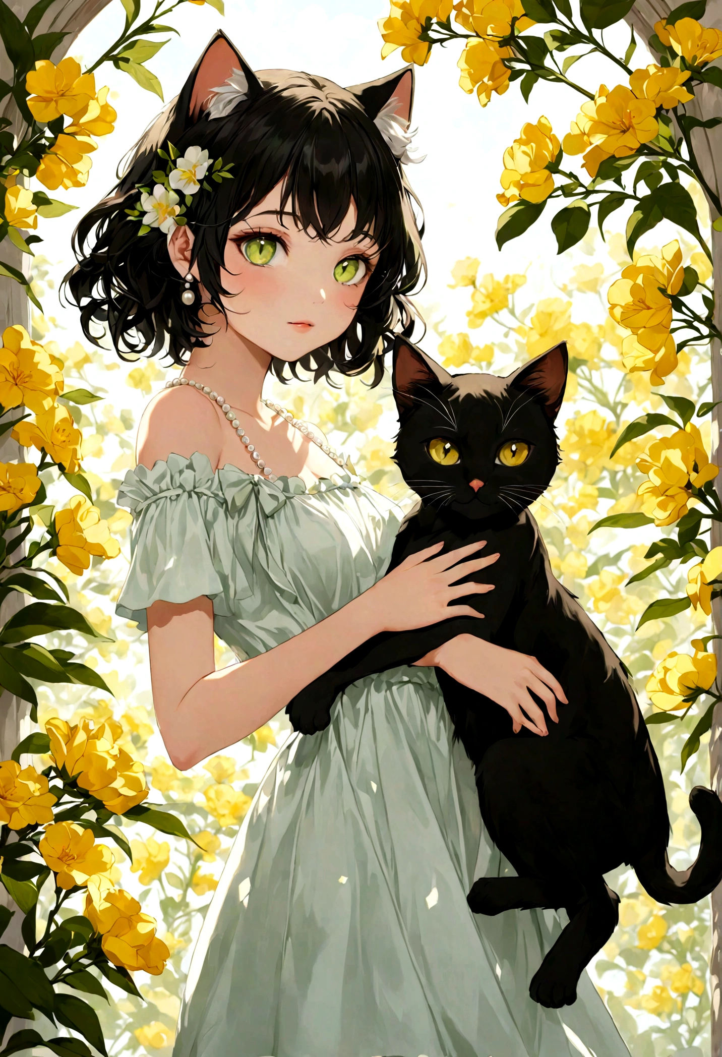 A stunningly elegant cat girl stands gracefully in the sunlight, her mesmerizing pearl green cat eyes sparkling with a sweet innocence and curiosity. Her medium-length black hair, styled in a chic feather haircut, frames her delicate face perfectly, adding a touch of playful charm to her already captivating appearance. She wears a beautiful white sundress adorned with delicate yellow flowers along the hem, the fabric flowing gently around her perfect figure, accentuating her grace and poise. Her feline features blend seamlessly with her human form, creating an enchanting hybrid of sweetness and elegance, radiating beauty and warmth