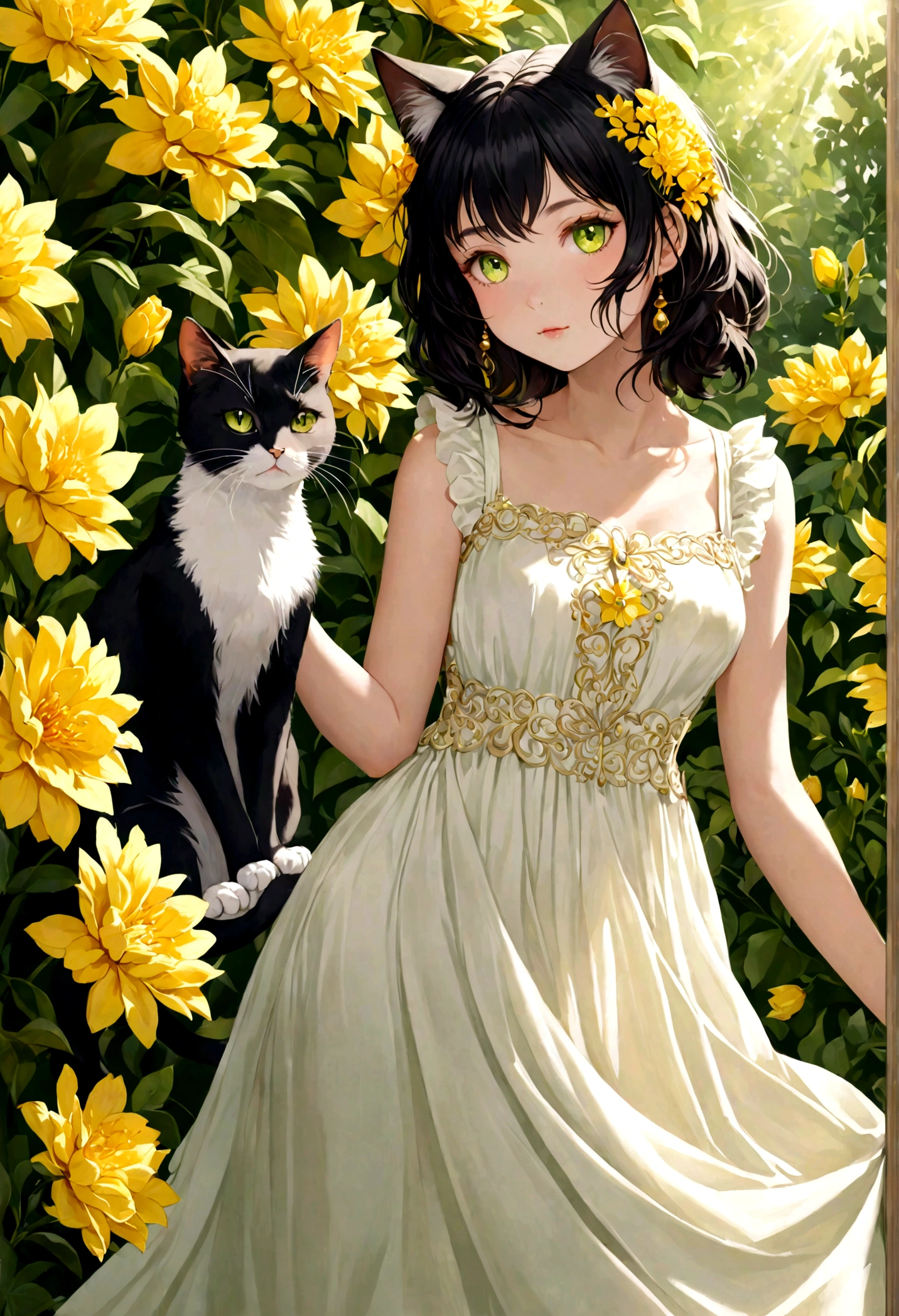 A stunningly elegant cat girl stands gracefully in the sunlight, her mesmerizing pearl green cat eyes sparkling with a sweet innocence and curiosity. Her medium-length black hair, styled in a chic feather haircut, frames her delicate face perfectly, adding a touch of playful charm to her already captivating appearance. She wears a beautiful white sundress adorned with delicate yellow flowers along the hem, the fabric flowing gently around her perfect figure, accentuating her grace and poise. Her feline features blend seamlessly with her human form, creating an enchanting hybrid of sweetness and elegance, radiating beauty and warmth