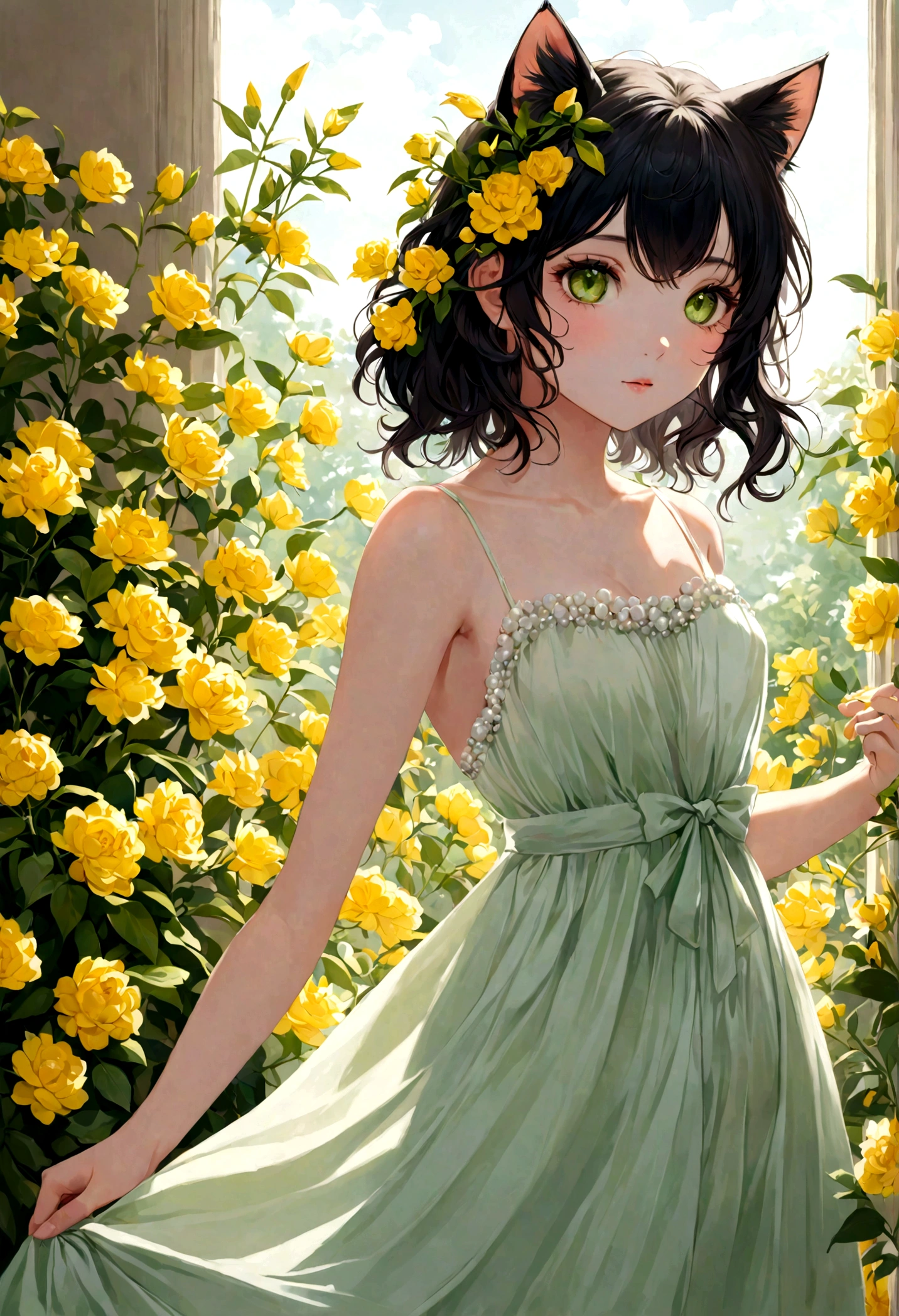 A stunningly elegant cat girl stands gracefully in the sunlight, her mesmerizing pearl green cat eyes sparkling with a sweet innocence and curiosity. Her medium-length black hair, styled in a chic feather haircut, frames her delicate face perfectly, adding a touch of playful charm to her already captivating appearance. She wears a beautiful white sundress adorned with delicate yellow flowers along the hem, the fabric flowing gently around her perfect figure, accentuating her grace and poise. Her feline features blend seamlessly with her human form, creating an enchanting hybrid of sweetness and elegance, radiating beauty and warmth