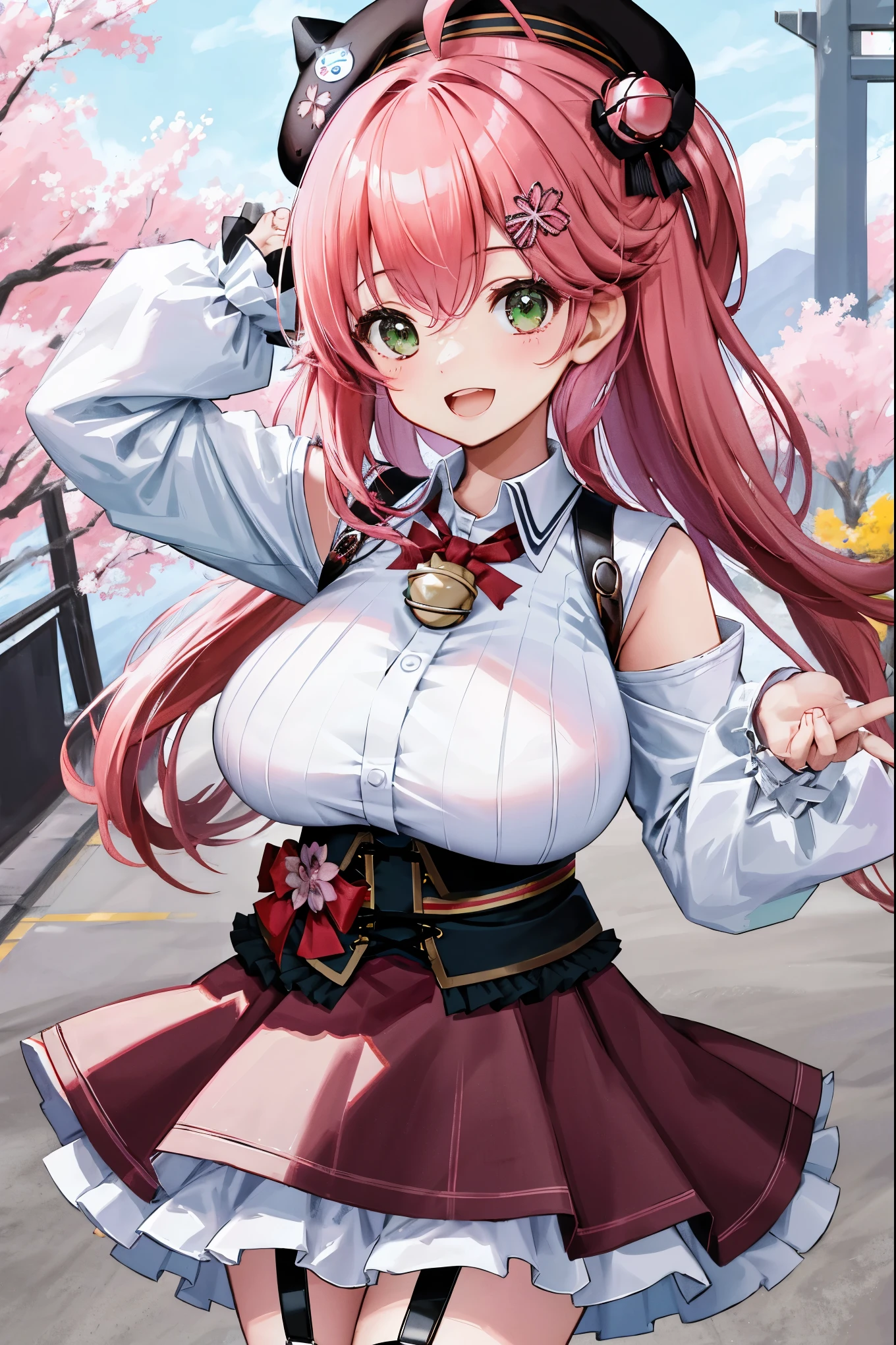 masutepiece, Best_Quality, hight_resolution, miko2,Ponytail, 1girl, _teen,e, black headwear, Hair Ornament, White shirt, black thighhighs, Pink hair, Red_skirt, very_short_skirt, plaid skirts, garter_strap, Collared shirt, hair clips, frilld, Bangs, hair between eye, frills skirt, beret, Pleated skirt, Hair Flower, Neck bell, , puffy long sleeves, Black bow, Underbust, Cowboy Shot,Smile, (gigantic_breasts:1.3),covered_nipples, covered_pussy,green_eyes, happy, childlike_posing,spread_legs,(big_smile:1.2),plump,open_mouth,shout,half_eyes,cherryblossom_park_background,