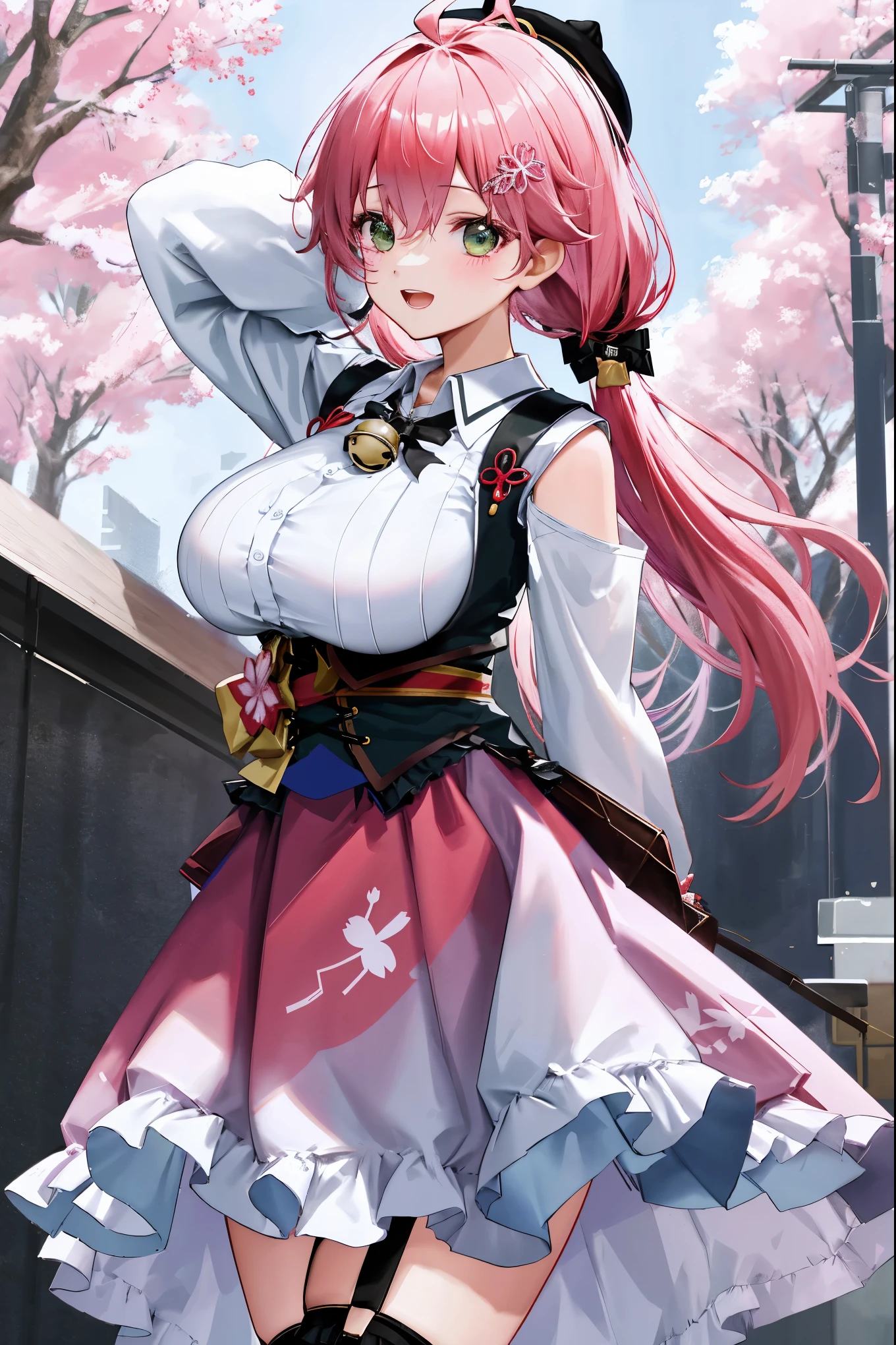 masutepiece, Best_Quality, hight_resolution, miko2,Ponytail, 1girl, young_,Ahoge, black headwear, Hair Ornament, White shirt, black thighhighs, Pink hair, Red_skirt, very_short_skirt, plaid skirts, garter_strap, Collared shirt, hair clips, frilld, Bangs, hair between eye, frills skirt, beret, Pleated skirt, Hair Flower, Neck bell, , puffy long sleeves, Black bow, Underbust, Cowboy Shot,Smile, (gigantic_breasts:1.3),covered_nipples, covered_pussy,green_eyes, happy, childlike_posing,spread_legs,(big_smile:1.2),plump,open_mouth,shout,half_eyes,cherryblossom_park_background,