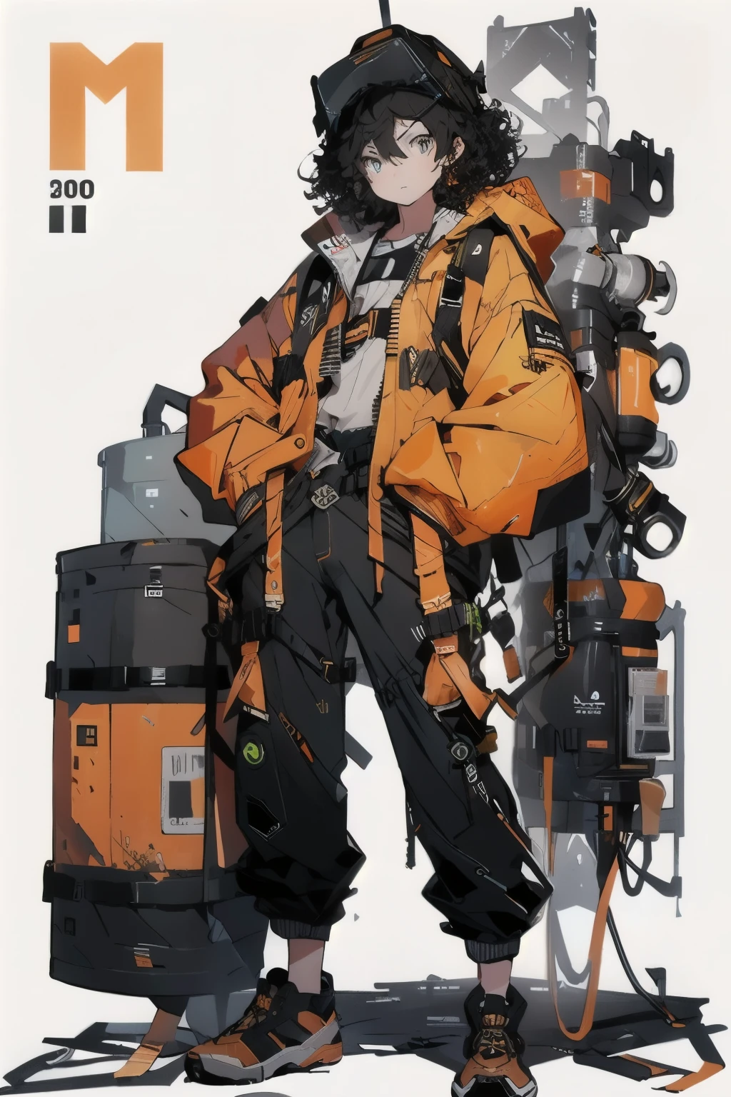 ((Full body shot)), ((No background)), ((White background)), line art, illustration, masterpiece, ultra detailed, high resolution, high quality, industrial, engineer, 1girl, solo, blue eyes, facing viewer, closed mouth, curly orange hair, wearing a orange shirt, red and black boots, one leg wearing black pants and the other leg wearing short denim black shorts, hands inside pants pockets, long sleeved orange jacket