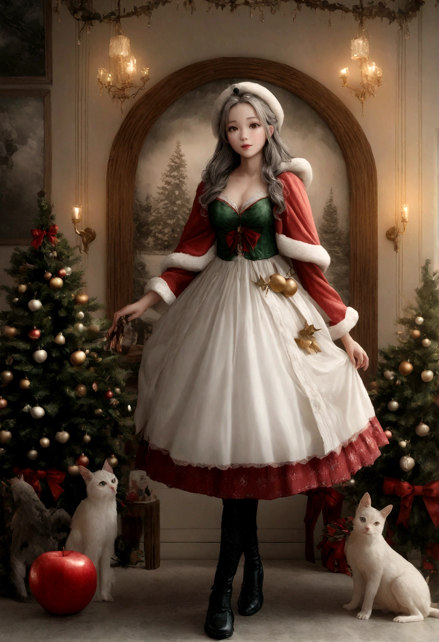 Gere uma imagem da Branca de Neve da Disney, depicting her in a classic pose in her Santa-themed outfit and surrounded by woodland creatures, Holding an apple, dentro de casa de madeira, Christmas tree, Christmas decoration, full body photo shoot, modelo de alta classe, de lado, peitos laterais, Obra de arte, melhor qualidade:1.2),(8K,high resolution,Foto CRU,realista,photo-realista:1.3),(textura detalhada da pele,Textura detalhada de pano,lindo detailed face:1.25),Professional Lighting,photon mapping,lindo soft light,radiosidade,physically based rendering,estilo de filmagem de modelo, estilo de filmagem de modelo, (extremamente detalhado CG unidade 8K papel de parede), full shot body photo of the most lindo artwork in the world, Ultra-detailed complex 3D rendering, olhando para o espectador, o 18, cabelo molhado, pele humana de verdade, detalhes vibrantes, hyperrealista, lindo, octane rendering, 8K, melhor qualidade, Obra de arte, an extremely delicate and lindo, extremamente detalhado ,CG ,unidade ,papel de parede, (realista, photo-realista:1.37),Incredible, detalhes finos, Obra de arte,melhor qualidade,arte oficial, extremamente detalhado CG unidade 8K papel de parede ,olhos extremamente detalhados, (rosto perfeito), pele brilhante, Colorida, mais detalhado, cores vibrantes, ultra high resolution, (Alto contraste), intricado