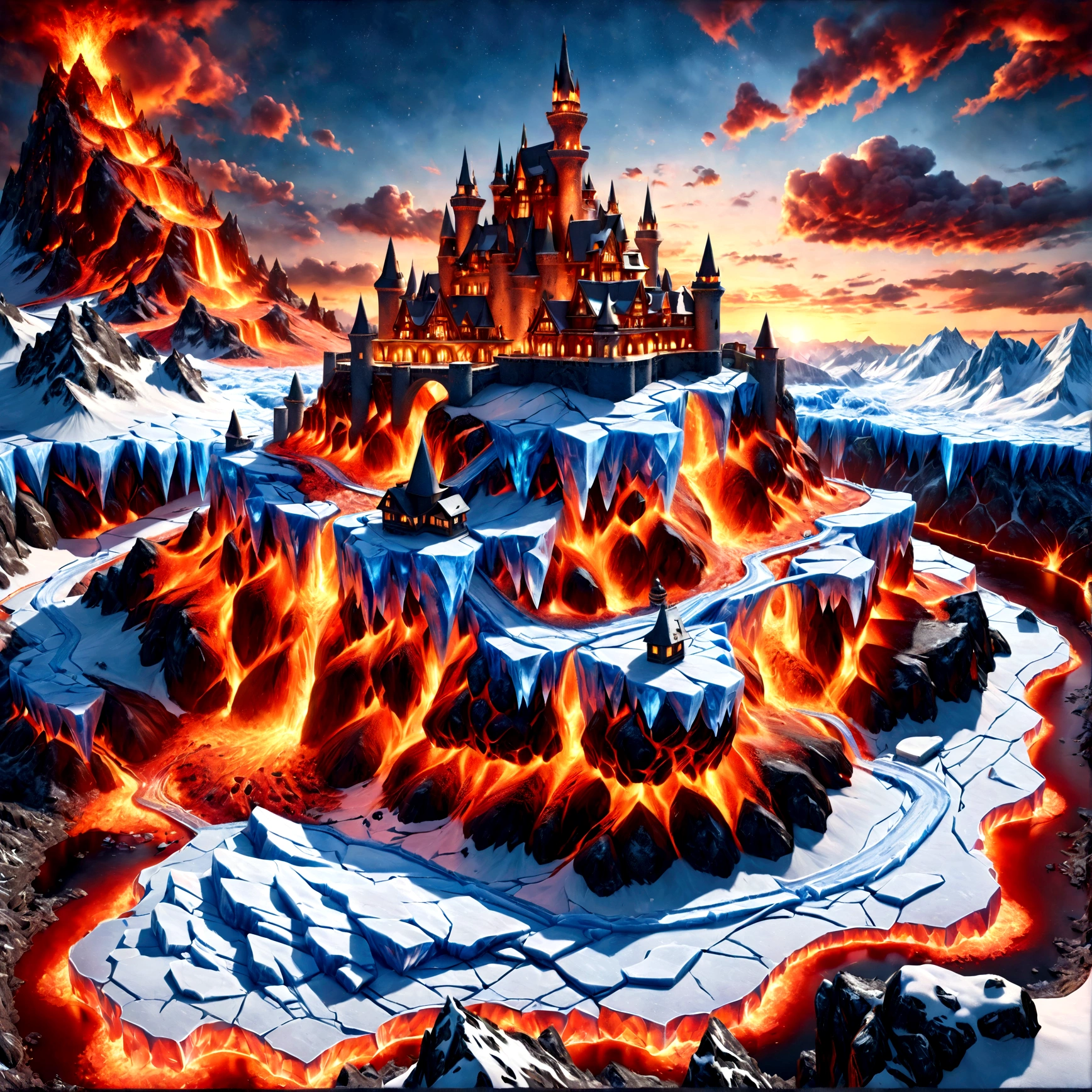 a panoramic award winning photography, Photorealistic, extremely detailed of a castle made from (ice: 1.3) made_of_ice standing on the peak of a snowy mountain, an impressive best detailed castle made from ice (Photorealistic, extremely detailed), with towers, bridges, a moat filled with lava (Photorealistic, extremely detailed),  standing on top of a snowy mountain (masterpiece, extremely detailed, best quality), with pine trees, sunset light, some clouds in the air,  alpine mountain range background, best realistic, best details, best quality, 16k, [ultra detailed], masterpiece, best quality, (extremely detailed), ultra wide shot, photorealism, depth of field, faize, raging nebula, 3D rendering, high quality, landscape, lava land, masterpiece