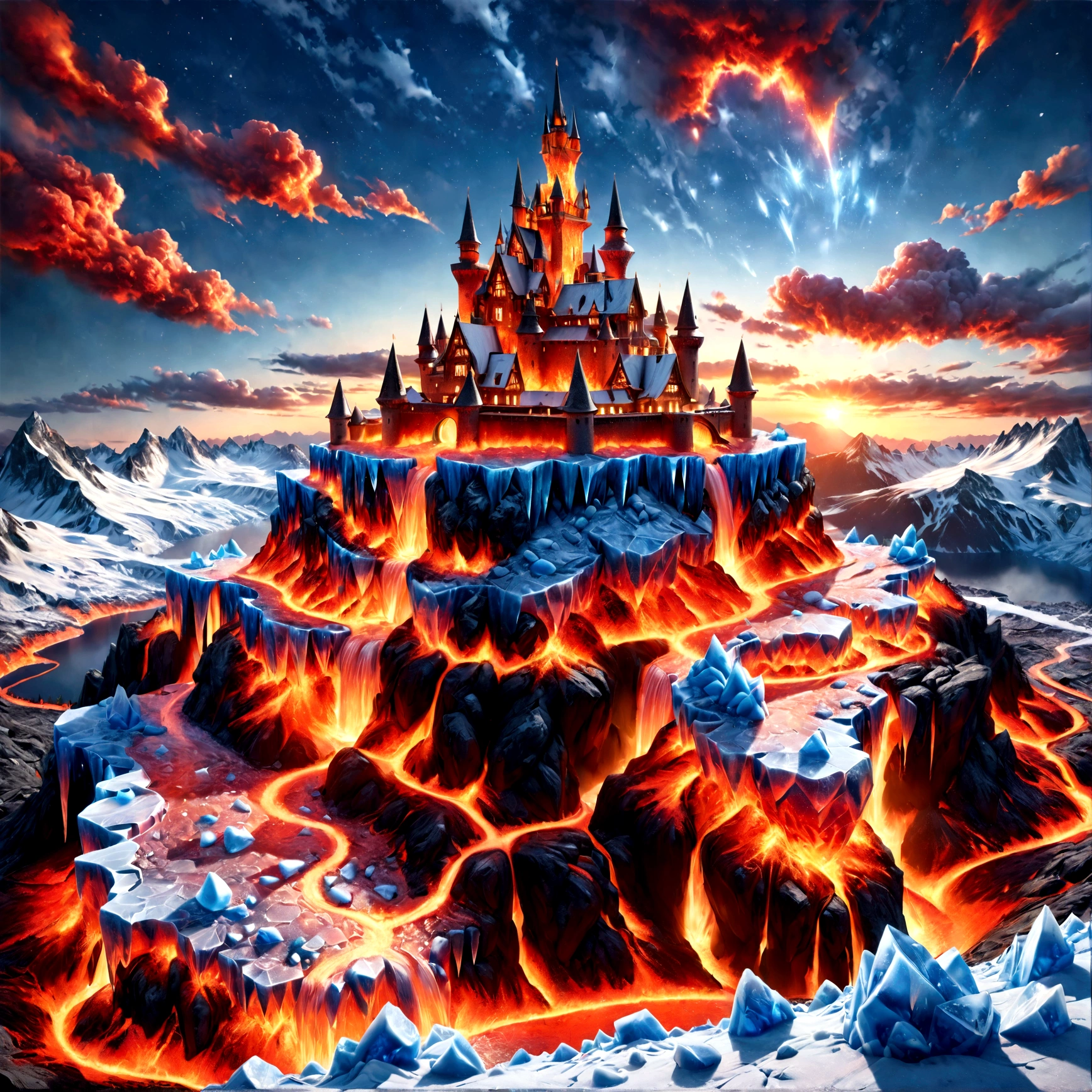 a panoramic award winning photography, Photorealistic, extremely detailed of a castle made from (ice: 1.3) made_of_ice standing on the peak of a snowy mountain, an impressive best detailed castle made from ice (Photorealistic, extremely detailed), with towers, bridges, a moat filled with lava (Photorealistic, extremely detailed),  standing on top of a snowy mountain (masterpiece, extremely detailed, best quality), with pine trees, sunset light, some clouds in the air,  alpine mountain range background, best realistic, best details, best quality, 16k, [ultra detailed], masterpiece, best quality, (extremely detailed), ultra wide shot, photorealism, depth of field, faize, raging nebula, 3D rendering, high quality, landscape, lava land, masterpiece