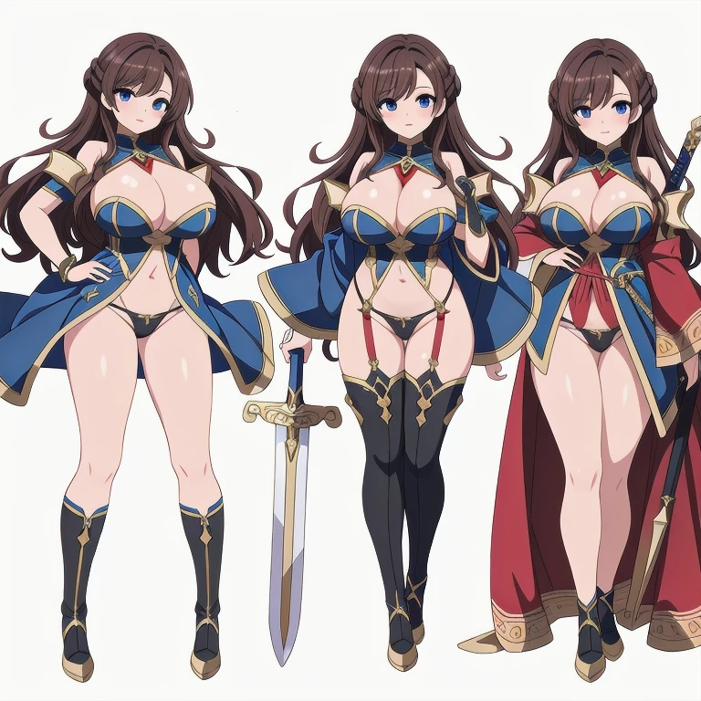 masterpiece, best quality, solo, milf, high fantasy outfits, ((white background)), full body, multiple views, thong, cleavage, holding weapon,