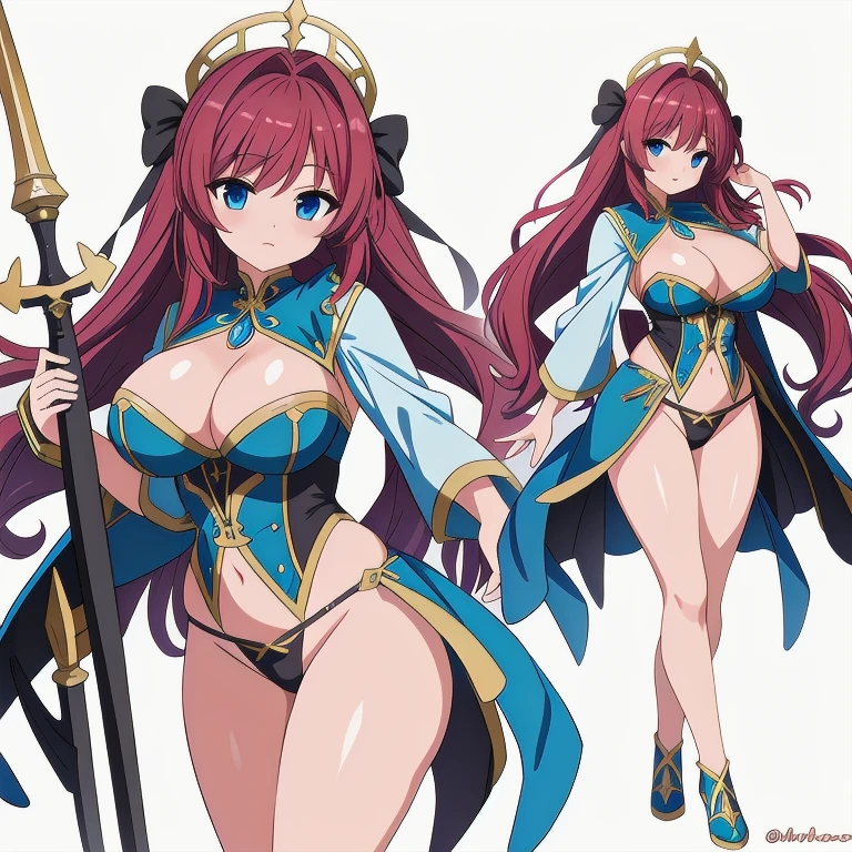 masterpiece, best quality, solo, milf, high fantasy outfits, ((white background)), full body, multiple views, thong, cleavage, holding weapon,