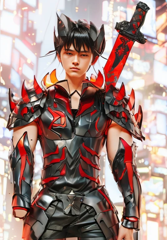 (ultra realistic,32k, masterpiece:1.2),(high detailed skin:1.1),( high quality:1.1),
1boy,(caucasian european), black hair,  with cyberpunk samurai armor,  cute, 18 years old, european caucasian), beautiful decourations, 8k, uhd, masterpiece, katana in the back, kanjis, (metal black armor with red and orange decourations), fire themed armor, light effects